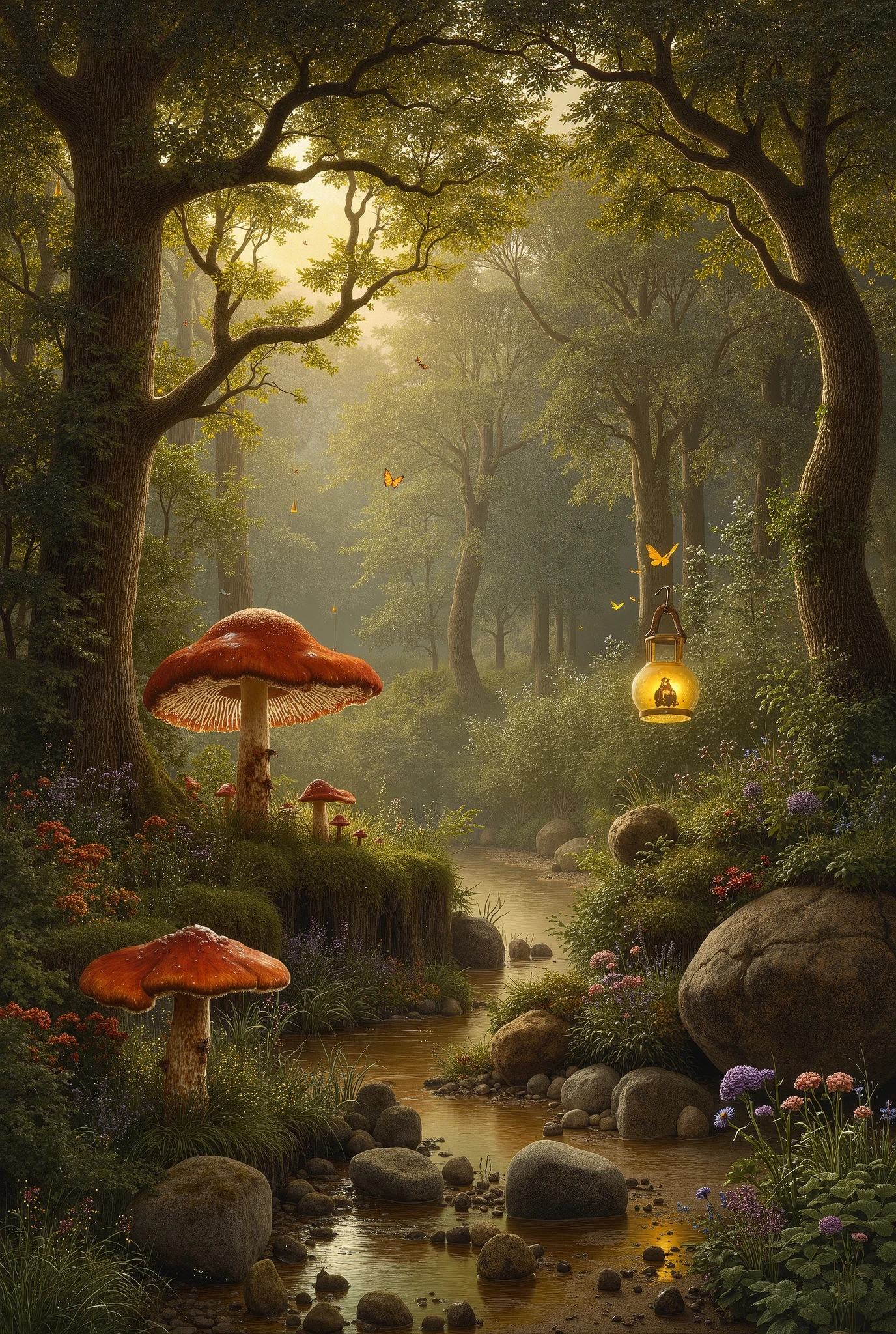 enchanted fairytale forest, ancient twisted trees, soft golden sunlight streaming through the canopy, glowing butterflies and fireflies, magical mist, colorful oversized mushrooms, hanging lanterns, vibrant flowers, moss-covered stones, dreamy atmosphere, highly detailed, ultra realistic, fantasy art