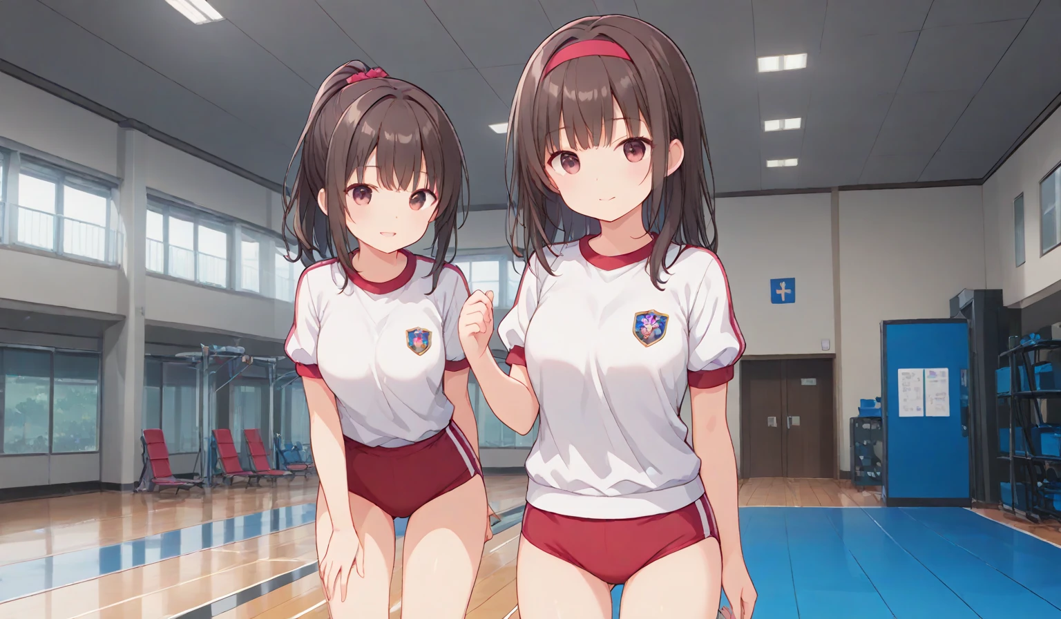 (masterpiece:1.2), (best quality:1.2), (extremely detailed:1.2)(ultra detailed), (2girls:1.4), <lora:trueBuruma_v26red:0.2> red buruma, red gym uniform,
<lora:add_detail:0.9>,
<lora:school_yard_v0.1:0.8> school yard
<lora:anmnr01:1.2>