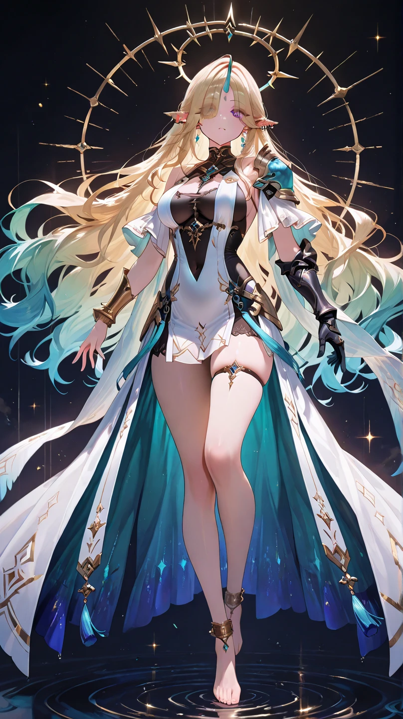gloves, high heels,  FernFrieren, very long hair, eyes, (gold pupils), looking down, straight-on, expressionless, arms spread out, standing for battle, looking at viewer, gigantic breasts,, ultra detailed, masterpiece, best quality, aesthetic, detailed, hair, thick thighs, small feet,small waist