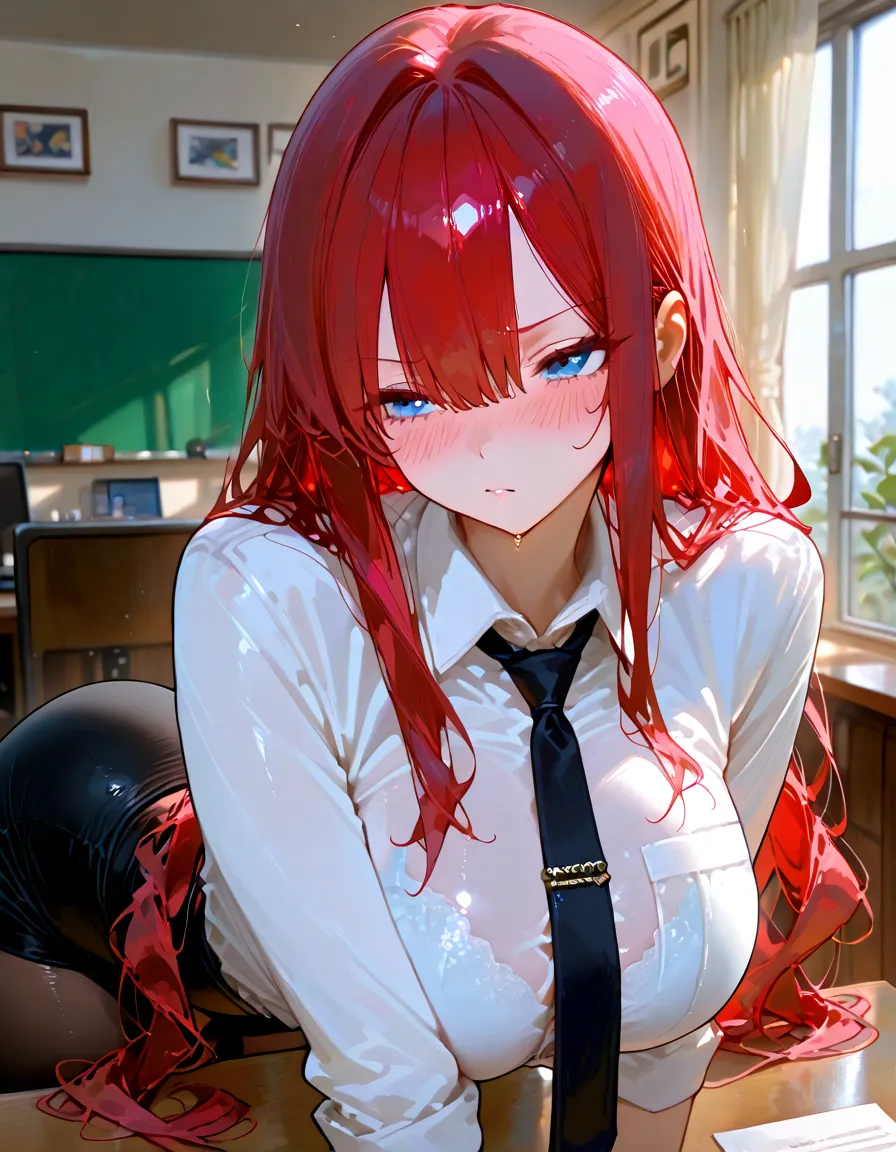 Nino Nakano, blue eyes, Say goodbye to hair accessories, (chest comes out),BREAK looking at viewer,indoors, classroom,break (table top:1.2), highest quality, High resolution, unity 8k wallpaper, (figure:0.8), (beautiful and fine eyes:1.6), detailed face, perfect lighting, Highly detailed CG, (perfect hands, perfect anatomy),medium chest,from below,woman ,troubled face,white panties,(nsfw),spread legs