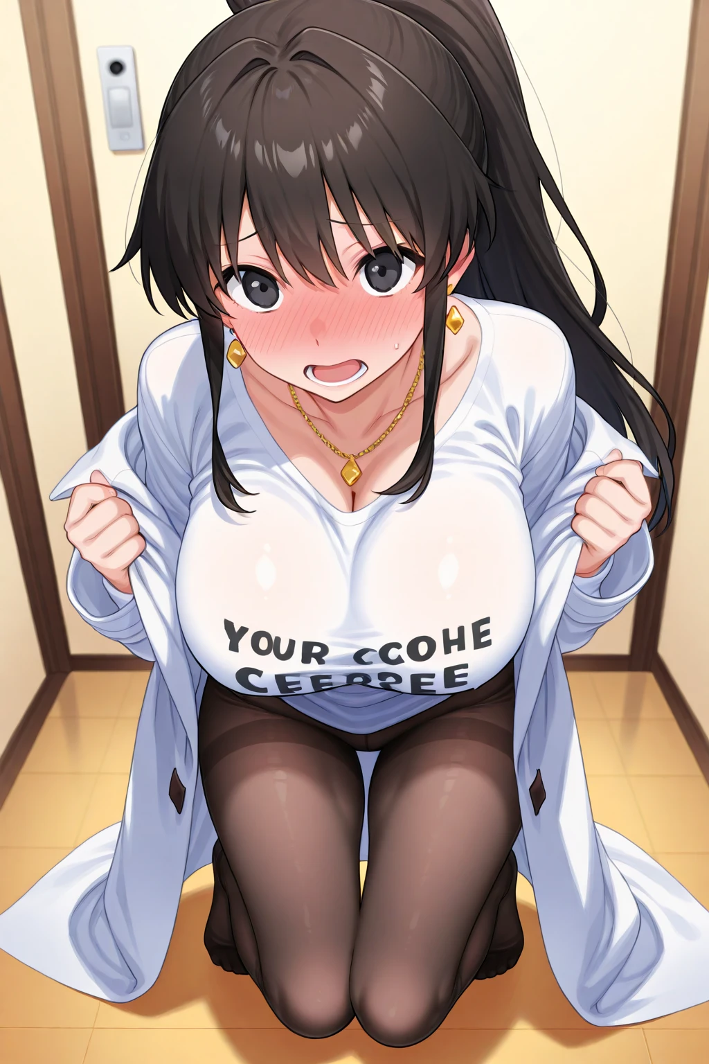 1girl,yorbriar,yor briar,spy×family,(brunette),1girl,shy,office background,tie shirt,leopard print,big breasts,belt, slightly pink knees,pink feet,smile,white headband, Looking at the audience, white garter stockings, leg rings, soles, foot sweat and a mineral water bottle between the feet.