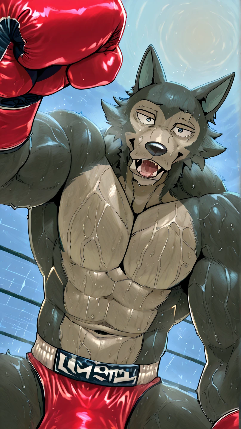 ((solo) full height):1, godzilla, lora, adult, mature, masculine, slim:1.2, skinny:1.2, tall:1, (correct anatomy:1.2), vascular veins, dragon tail, topless, (shirtless, bare paws, boxing gloves), ultradetailed, (by wfa:1.2), (by takemoto_arashi, by vorusuarts, by Traver009:1, by grimfaust:1), natural lighting ((boxing ring):2.4 background), (sweat:1.4, wet:1.6), (lots of sweat flowing down) exhausted, dragon head ((open:1 eyes, detailed):1.2), open mouth (steaming breath:1.2, drooling, dripping saliva, thick drool) tongue sticking out, (serious:1.4) expression), in pain, fallen down, kneeling on one knee:1, one knee up, collapsed, arms down
