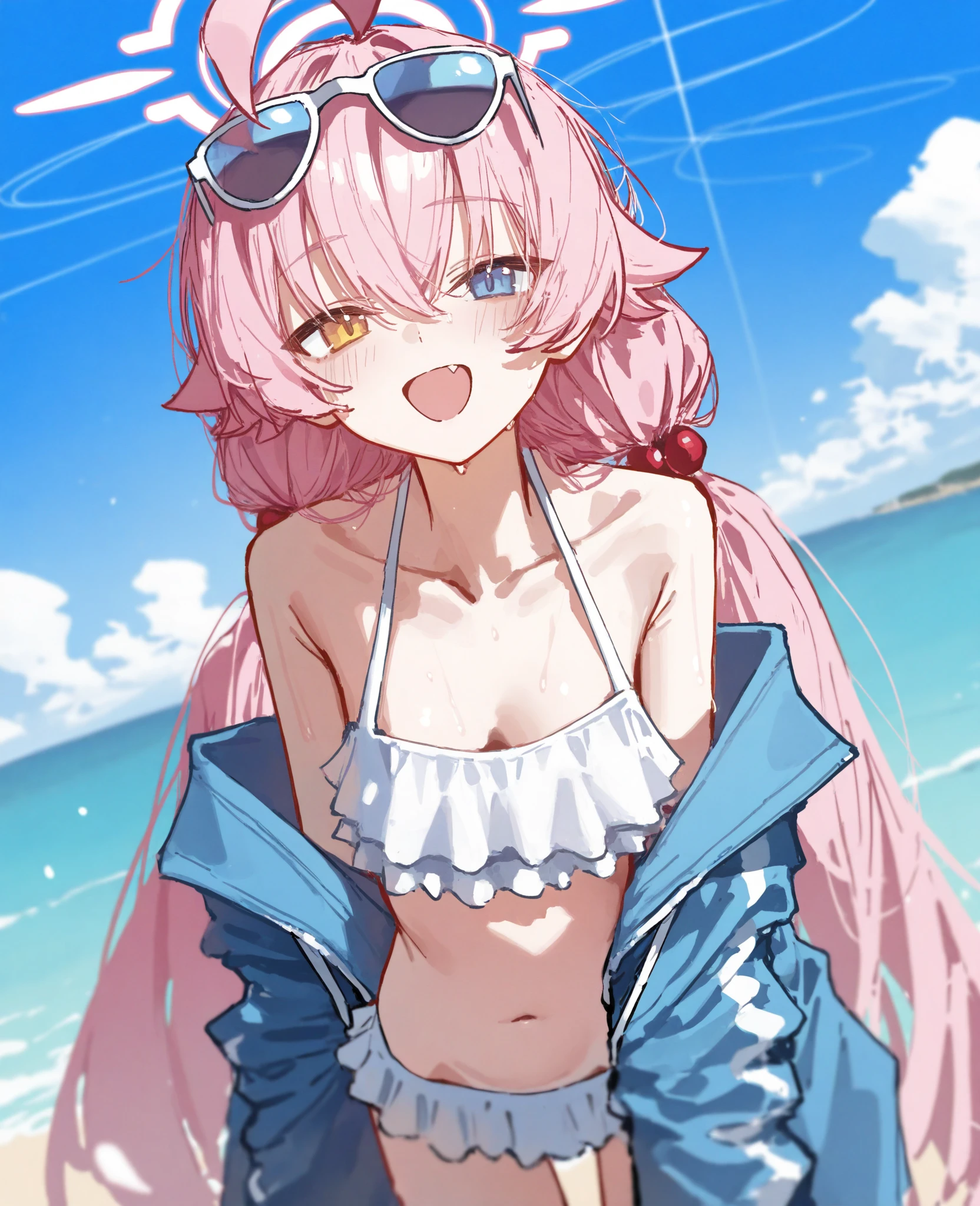 (absurdres, 8k, 4k, masterpiece, hyper extreme detailed:1.2), solo, 1girl, front view, perfect face, 1girl, portrait, expressive eyes, looking at viewer, solo, standing, mature female, pale, adult, looking forward, front view, confident, wind, windy, moving hair, front view, mature body, tomboy, adult, Newsboy Cap, long pink hair, medium bust, black wrist cuffs, black pupils, dark pink irises, hair down to back, egotistical, powerful, strong, proud, arrogant, blue newsboy cap, right hand on hip, fashionable, crazy face, crazy eyes, crazy smile, right bangs, necklace, swimwear, swimsuit, bikini, unzipped jacket, pink swimsuit, pink swimwear,
