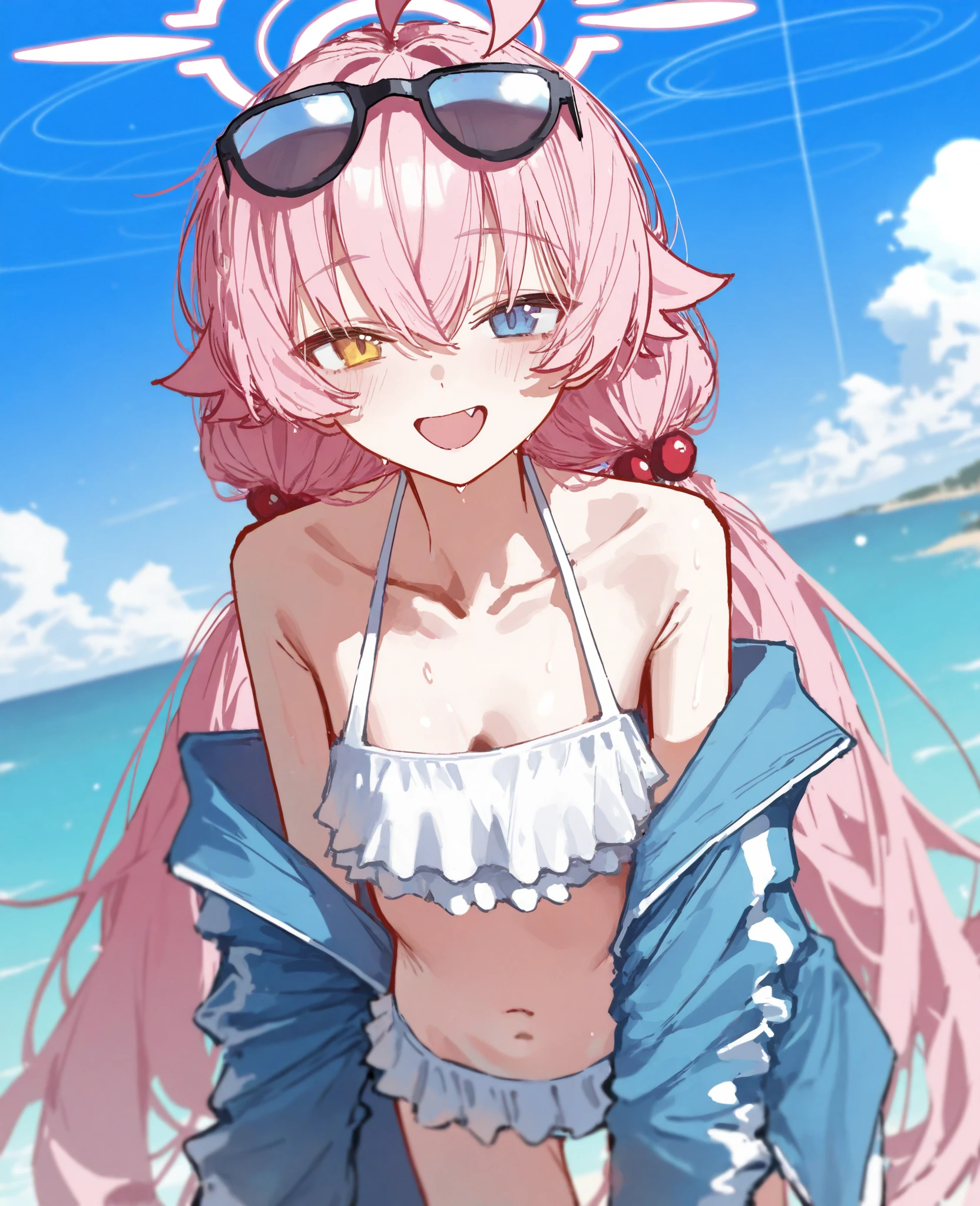 (absurdres, 8k, 4k, masterpiece, hyper extreme detailed:1.2), solo, 1girl, front view, perfect face, 1girl, portrait, expressive eyes, looking at viewer, solo, standing, mature female, pale, adult, looking forward, front view, confident, wind, windy, moving hair, front view, mature body, tomboy, adult, Newsboy Cap, long pink hair, medium bust, black wrist cuffs, black pupils, dark pink irises, hair down to back, egotistical, powerful, strong, proud, arrogant, blue newsboy cap, right hand on hip, fashionable, crazy face, crazy eyes, crazy smile, right bangs, necklace, swimwear, swimsuit, bikini, unzipped jacket, pink swimsuit, pink swimwear,