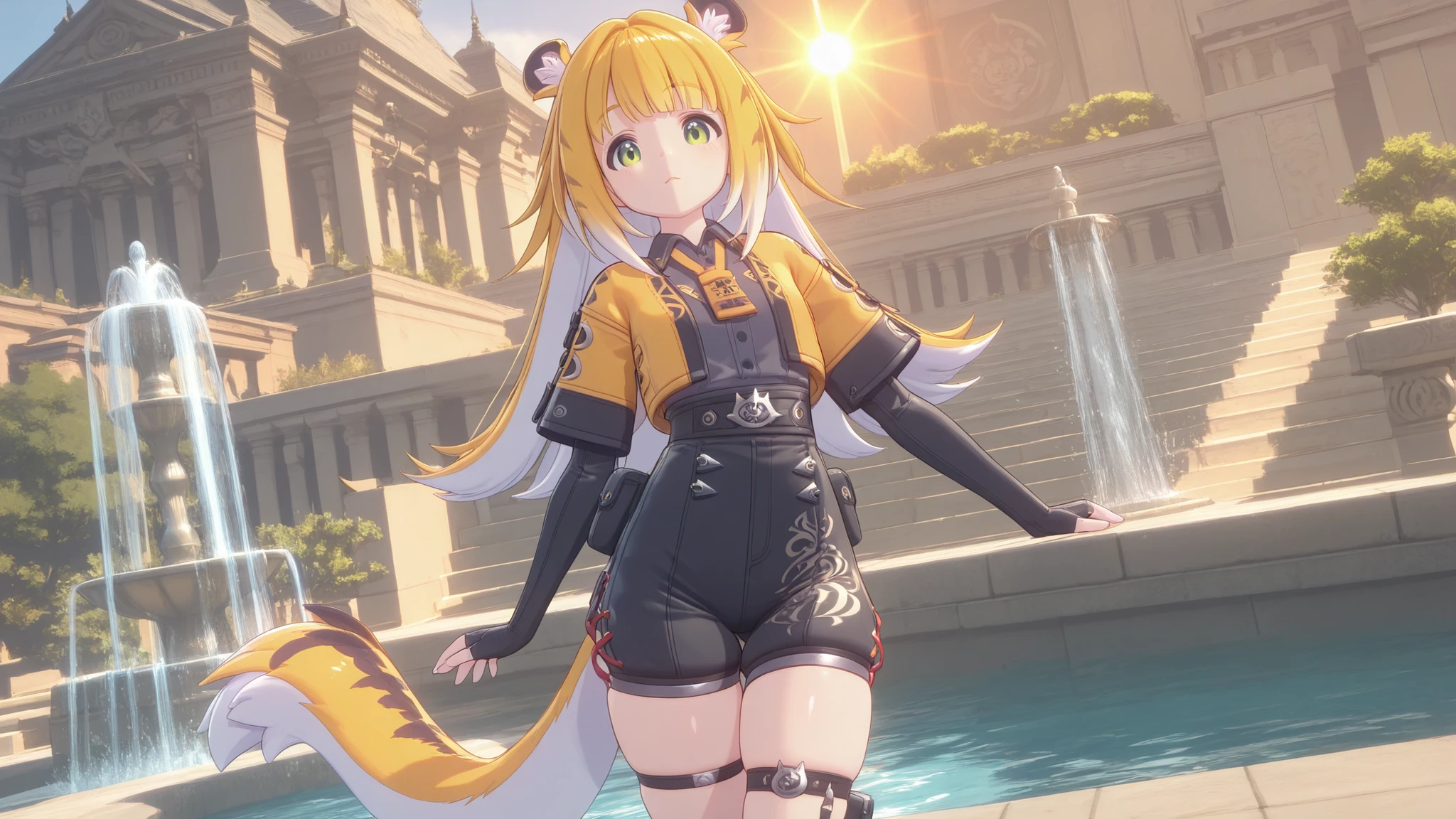 jufufu, shiny skin,  modest pose , показывает когти
одна
shine, shine, sun beam, fountain  ,splashes of water in the background, the temple 
, Looking at the viewer, joy