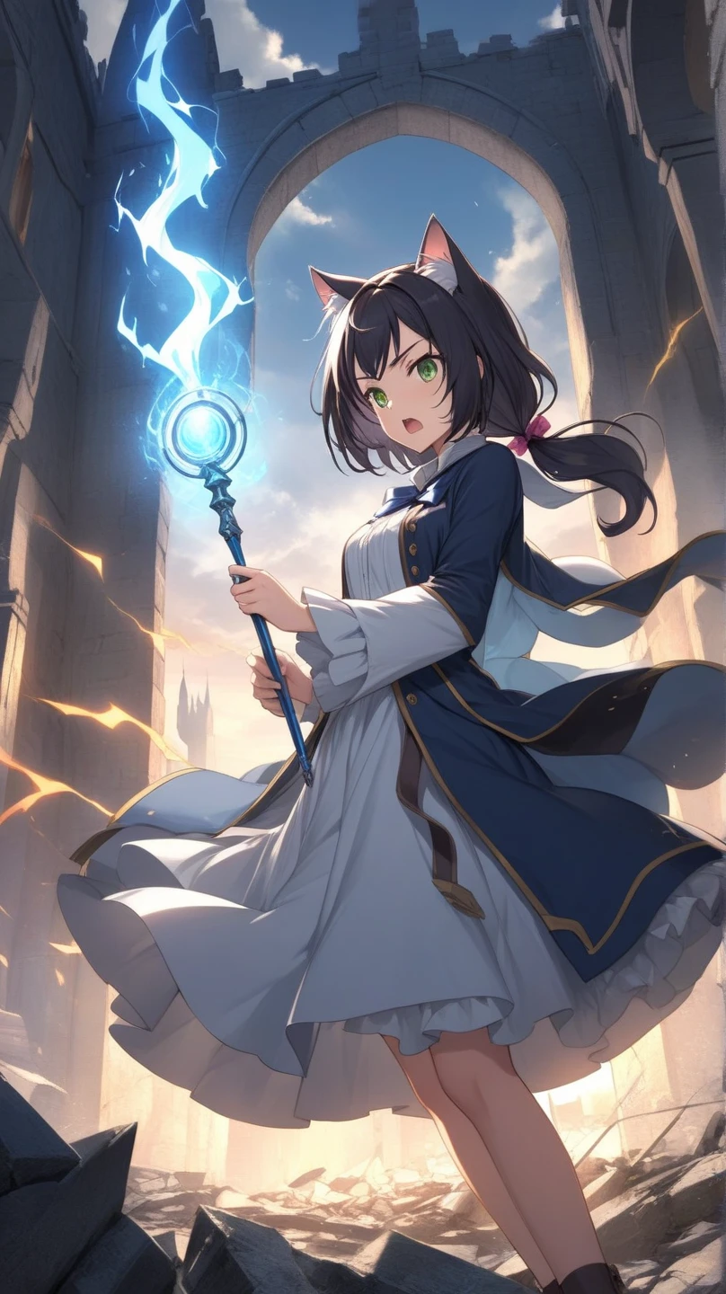 Personaje sombrio decendiendo sobre una zona rocosa y arida lanzando magia