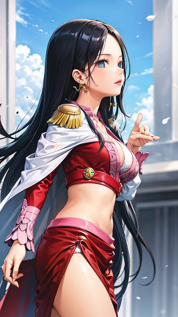masterpiece, best quality, highres, hancock1, boa hancock, large breasts, epaulettes, cape, crop top, side slit, , stading, outdoors,