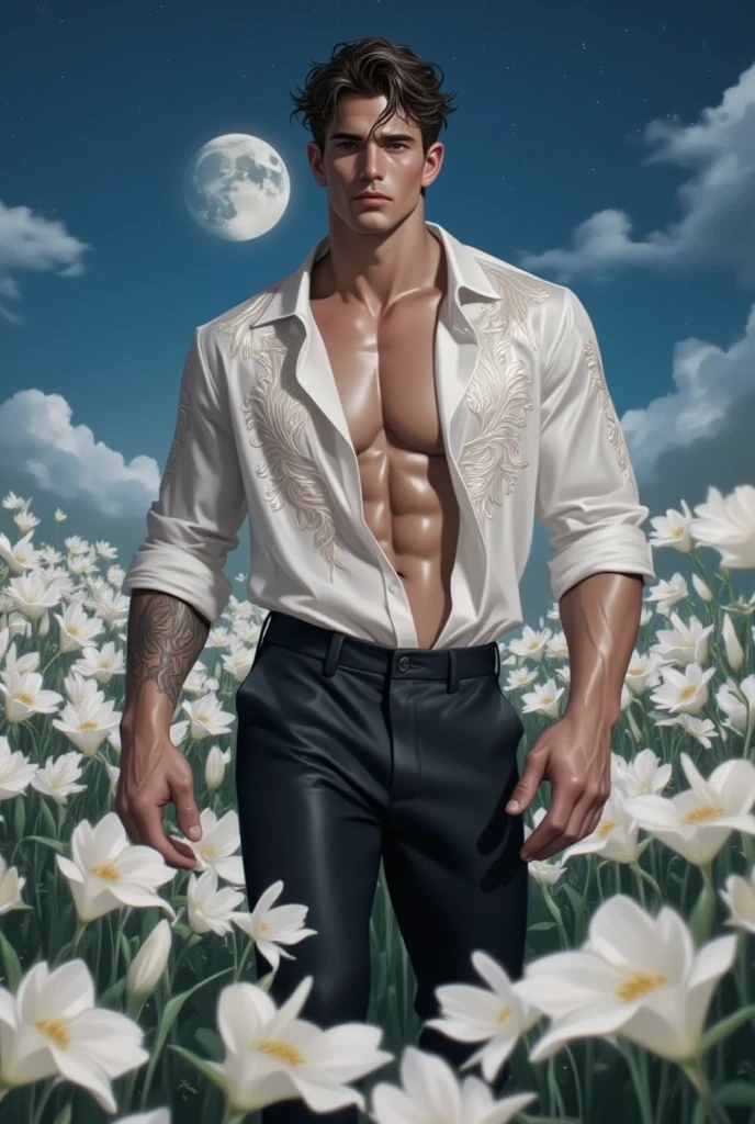 1 man, (male model) hot skin, masterpiece, best quality, most handsome man in the world, by Shen Quan, perfect body, beautiful male model, an attractive man 18-24 years old aesthetic, blossoms in spring, green fields, spring, plains, trees, flowers, blue sky, rough and handsome young man in white transparent robe, white transparent fabric, shirtless jacket shoulders, exposed chest muscles, exposed thighposed transparent white briefs)), (male focus), (smooth body)), smile, super cute, dynamic pose, cool and seductive, dramatic lighting, full body shot, full body shoot, young face, full body, body hairless, skinny tall, fit body, dominant, white or white skin, young face, firm body, hd, natural flesh tone, soft light, highly detailed, looking at the audience, photography, detailed skin, real person, realistic, photorealistic realistic, crazy detail, facial detail, hype maximization, hype surrealism, film, telephoto, lighting complex detail , Highly detailed, Highly detailed, Digital painting, artstation, concept art, smooth, sharp focus, illustration, Unreal Engine 5, 8K, art by Ross Tran and Greg Rutkowski and Alphonse Mucha, UHD, 8k, Show men only .8k Ultra HD, DSLR, dim lighting, high quality, film grain, Fujifilm XT3, male fan, 2-person, two-person model.