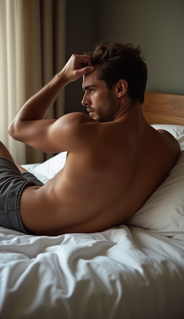 A man in black trunk underwear in bed room and were black tank top under vest with in day full lights and were black tank top under vest laying on bed