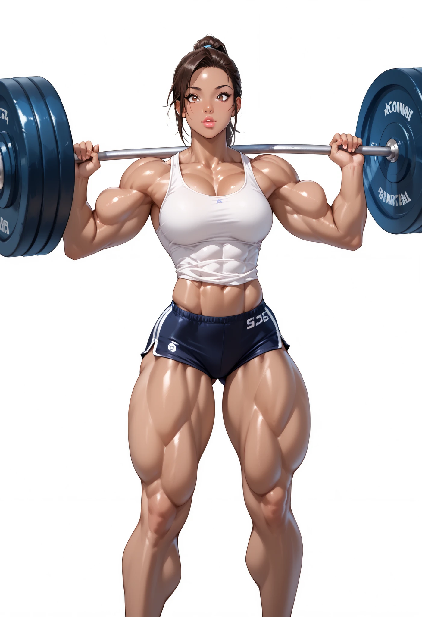 (Masterpiece, ultra detailed: 2), (best quality: 2), (beautiful woman: 2), (beautiful face: 2), thick muscular neck, matching face structure, matching neck, matching skin tone, matching trapezius muscles, matching hair, slight smirk, big eyes, glowing indigo eyes,