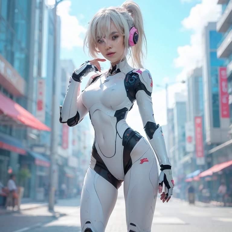 A girl with white hair wears an orange and white mechanical suit。She is in a quadruped pose.、The suit has a mechanical tail。Her eyes are big、Green、Makes you feel strong-willed。
The suit's design is futuristic.、It features sharp claws and metal parts.。Orange and white colour scheme stands out、The overall impression is energetic and powerful.。
The background is simple、The silhouette of a futuristic city is faintly drawn.、Designed to highlight the girl's mecha suit。The overall atmosphere is futuristic.、The girl's presence is outstanding.。
