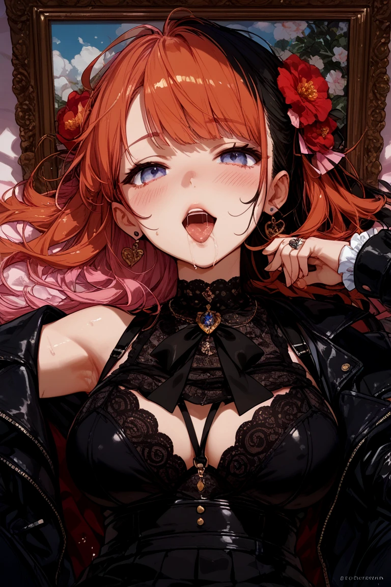 a Shy slave princess, flowers, lust, open mouth, red hair, purple dress, slave tattoo on her stomach