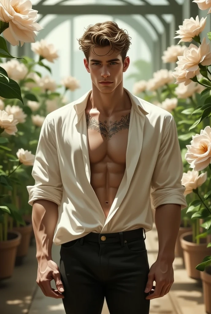 best quality,masterpiece,Ultra high detail,highres,A man,Short black hair,topless,(Flowers on the shoulder),(With flowers in his pants),realistic,Grey background,Yellow and white flowers,