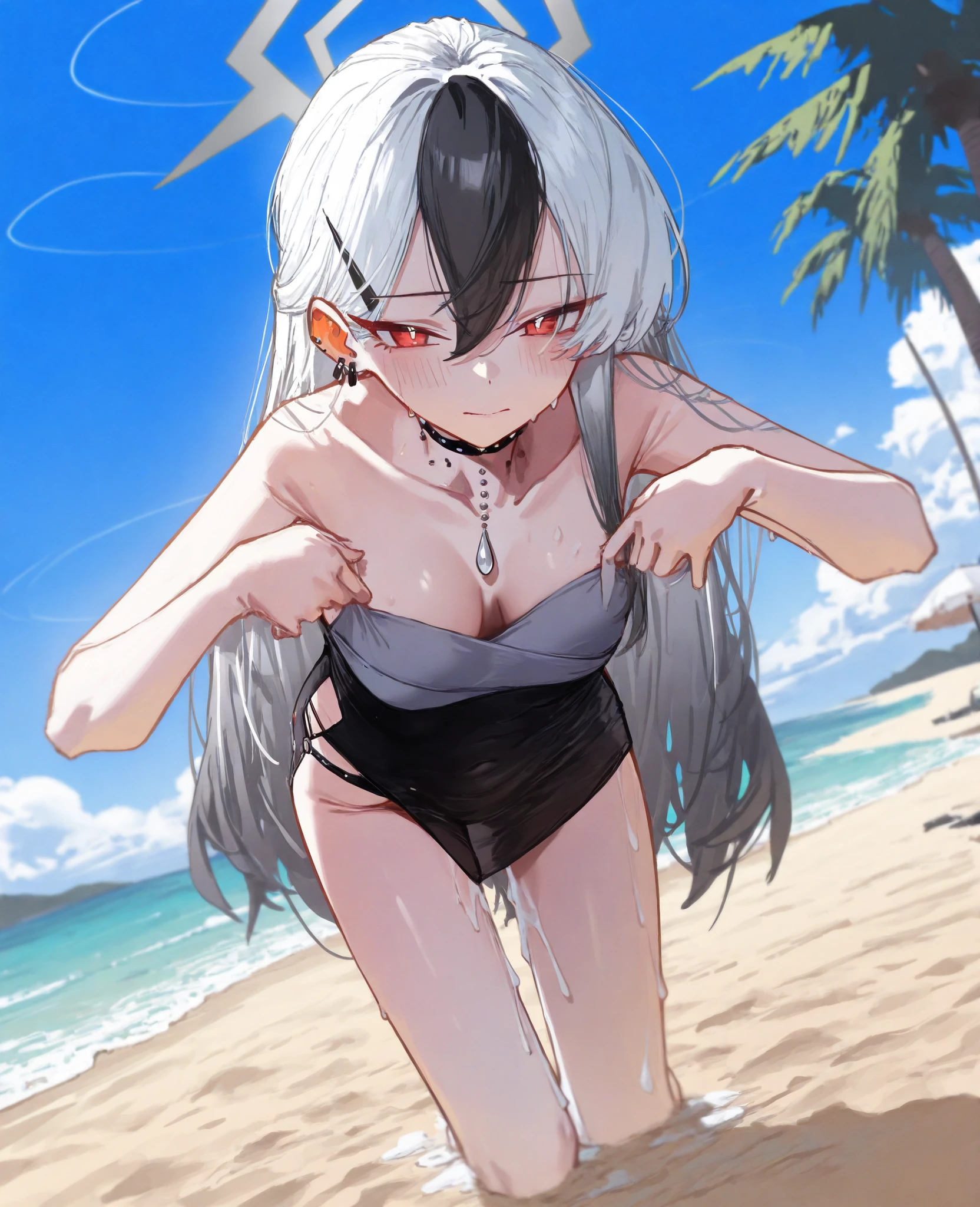 Teen Girl Characters。gray hair color、Glowing red eyes、Long Hair、There is a mole under the left eye。Without background、Depict only one person。Seaside、Swimsuit