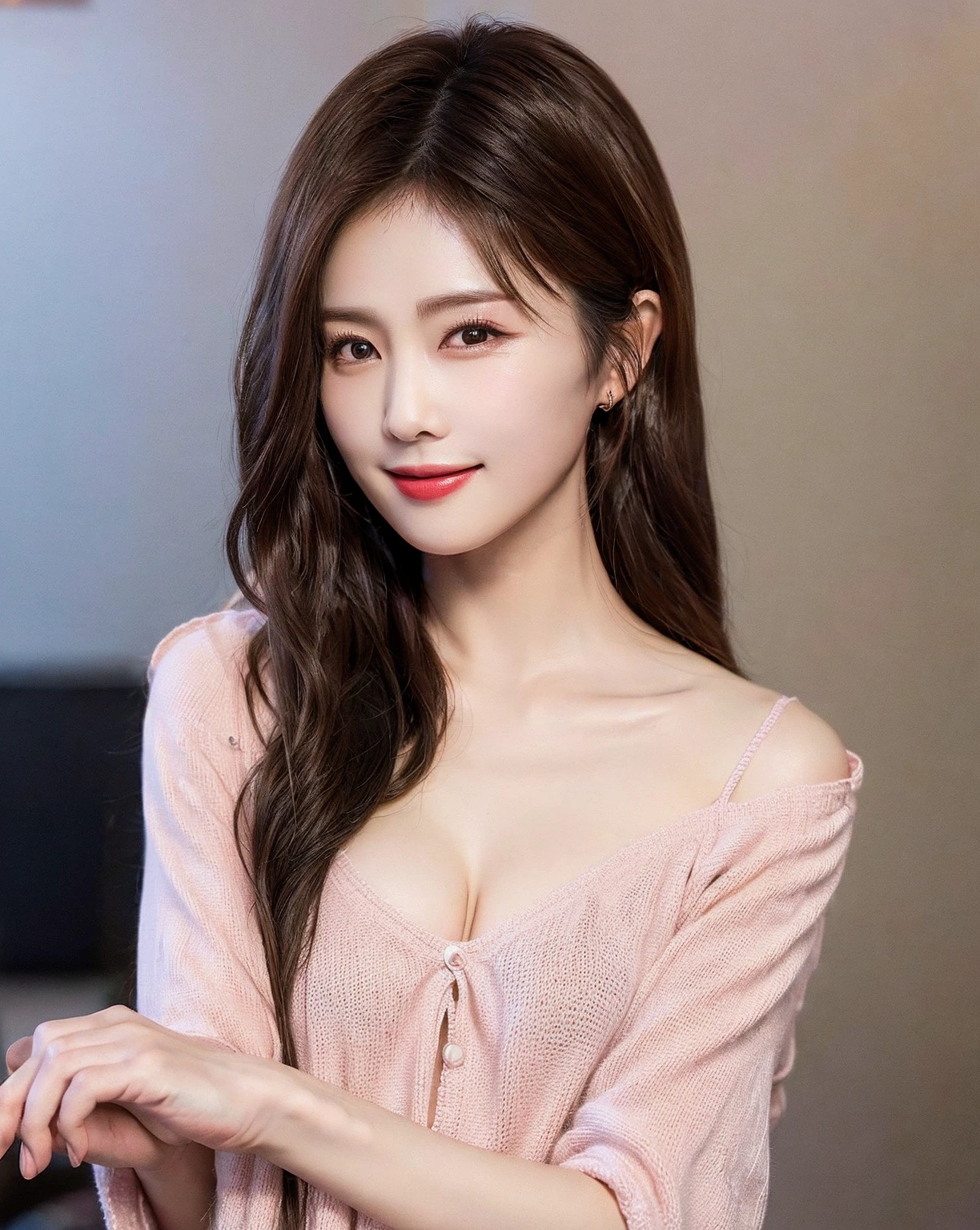 30 year old young woman、highest quality, realistic, highest quality, finely, professional lighting, High resolution, 8K, long brown hair、White blouse with open chest、Apron appearance