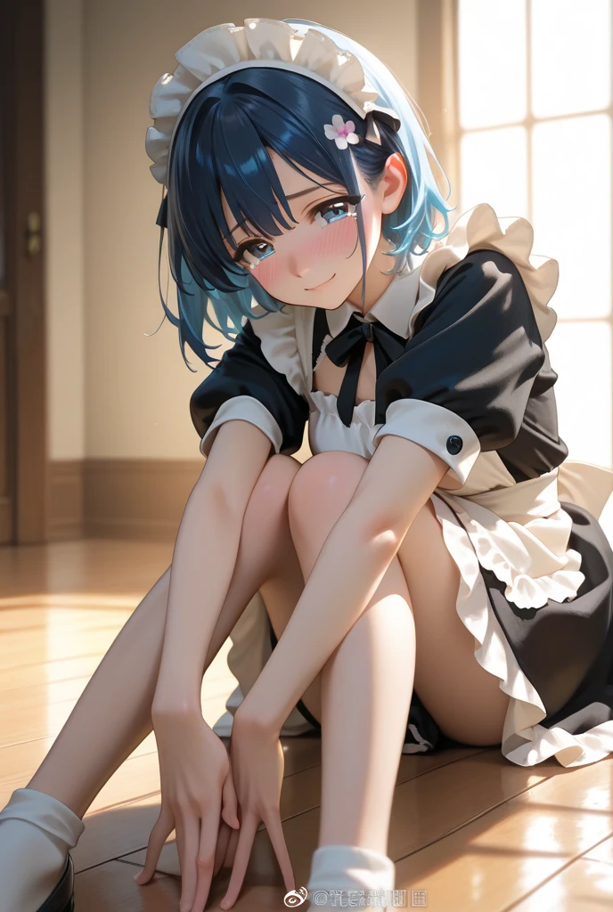 (masterpiece, best quality, absurdres, high details, perfect), 1girl, blue hair, short straight hair, blunt bangs, flat chest, narrow waist, grey eyes, petals, pale skin, mansion, indoors, maid, maid headdress, cowboy shot, blush, light smile, head tilt, bowing,((Best quality)), ((masterpiece)), (detailed), (perfect face), (high resolution), (flawless face), ((small breasts)), in lingerie,((white knee-high)), full body,slightly spreading legs,front view,lifting skirt.