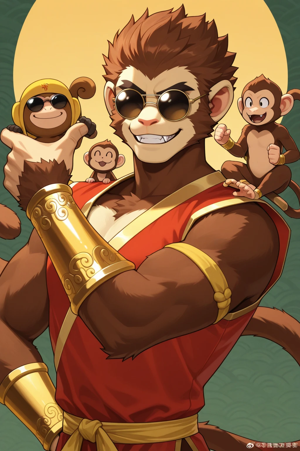 sun wukong fighting with bo staff, dynamic combat pose, asian, martial arts, monkey