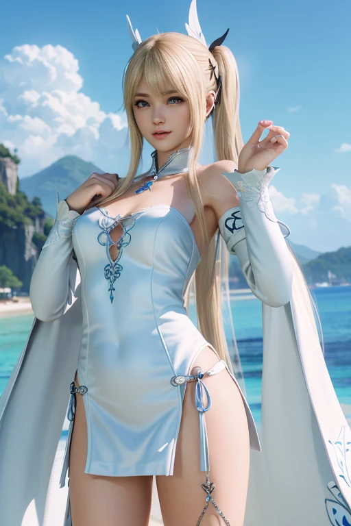 white blonde hair、bare、a lot、 Shiny skin、 white skin、 smile、 Beautiful bangs、 long and straight、 shiny hair、 Extra long, straight hair、 eyeliner、 small face、 Big, firm breasts、 Eyes as blue as crystal clear sea water.、 Shining beautifully、 earring, pendant, Hats and bracelets hang from ears.、Beautiful and smart girl、 Play in the water at the outdoor beach and take full-length photos.、 Looking to the future, The water dragon spins around.