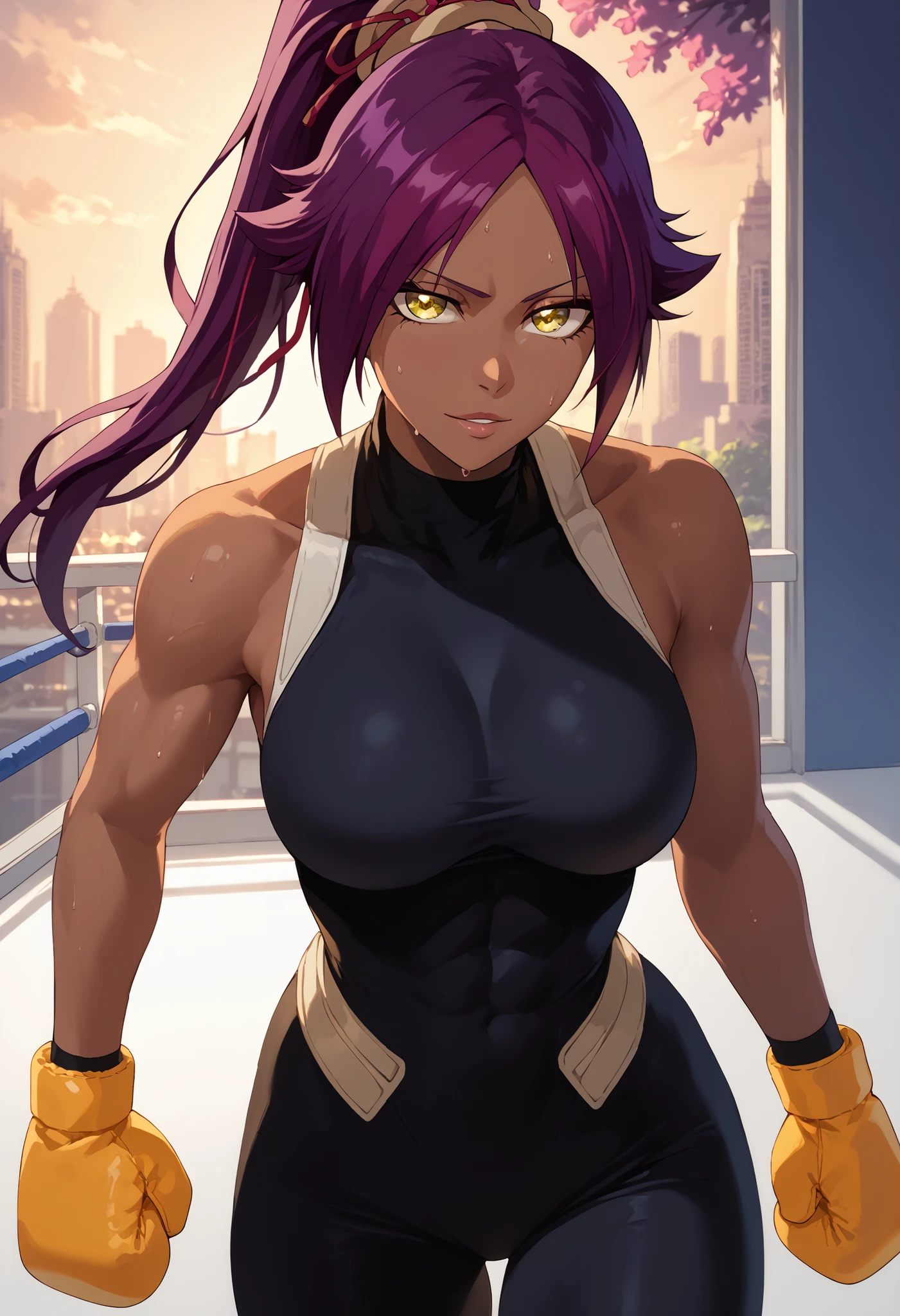 1girl, (solo:1.2), (masterpiece:1.2), (best quality:1.2), (perfect anatomy:1.4), (muted colors:1.4), (film grain:1.3)
<lora:Ogami [MockAi - v1.0]:0.8> ogami, (large breasts:1.2), (cowboy shot:1.2), <lora:Yoruichi [justTNP - v1.0]:1> yoruichi shihouin, dark skin, dark-skinned female, ponytail, purple hair, yellow eyes, (black leotard:1.4), thighhighs, scarf, (cozy bedroom:1.5), (warm lighting:1.3), (lots of pillows:1.2), slightly messy, inside, nighttime, (large house plants:1.3), colorful bedsheets, single person bed, curtains,