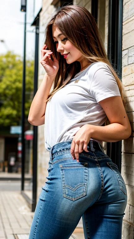 (masterpiece, Best Quality), ultra-detailed, Photorealsitic, Beautiful 35 year old, Australian woman with dark hair with highlights, braided hair, Denim tight skirt, (( White blouse, big sleeves, loose)), cowgirl boots, a necklace, Wavy Hair, Perfect face, Beautiful face, enticing, big gorgeous eyes, a wet body, seductive smile, Glamorous body,(( small round ass, butt definition)), (plain air), Rural town, Pasture, Bright colors, Poses to seduce, Gravure Pose, suggestive pose