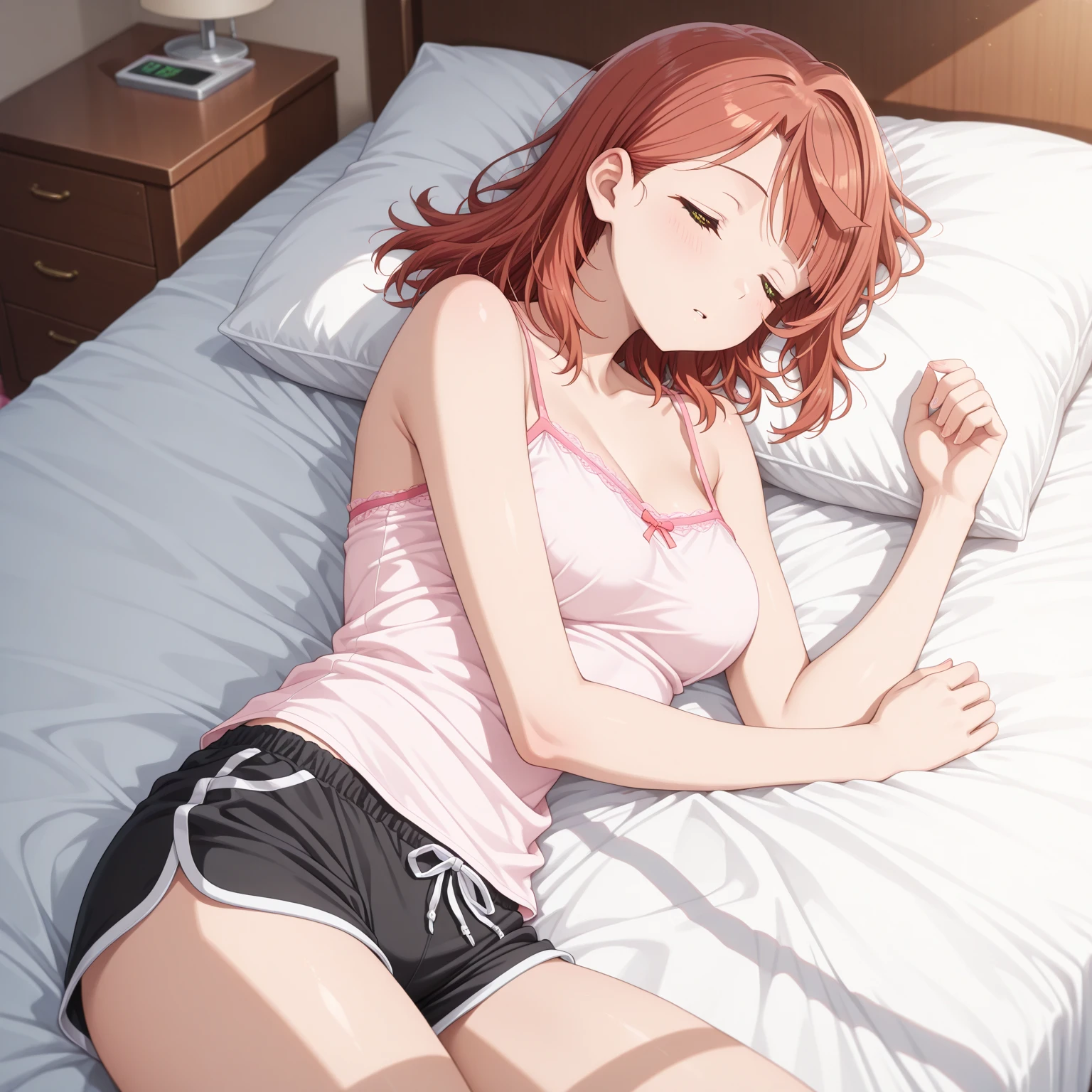 (Highest quality、Masterpiece、Very detailed、4K)、One Woman、17 years old、Brown Hair、short hair、(((Nakano Miku)))、headphone、chest、arm、(Beautiful armpits)、(Beautiful navel)、(Beautiful thighs)、(Sleeping in bed)、(White wrestler tank top)