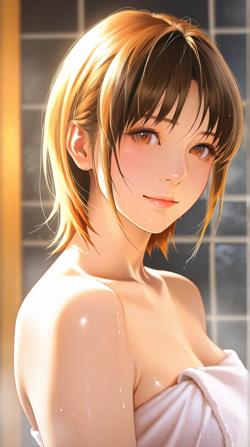 Highest quality, Super quality, 16K, Incredibly absurd, Very detailed, 2.5D, (NSFW:1.5),1 girl, Very bright backlight, alone, {Beautiful and detailed}, Night view in the background, Very beautiful big (small breasts:1.5) And a small waist ((Press the chest)) 、(shiny skin:1.5)small Breasts,Calm expression, Natural soft light,, Delicate features, Blunt bangs, Beautiful Japanese Girl, 18-year-old, ((Perverted pose)), attractive figure,(Brown Hair), Light grain, Real Hands, , highest quality, Realistic, Very detailed, In detail, High resolution,Perfect dynamic composition, smile
