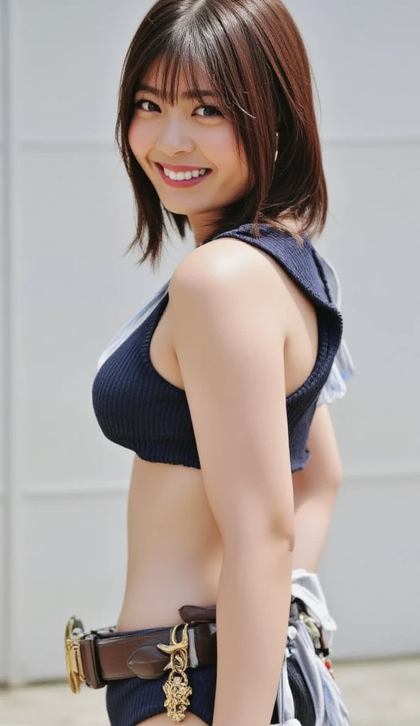1girl, solo, breasts, looking at viewer, blush, long hair, large breasts, shirt, black hair, hat, navel, jewelry, earrings, shorts, midriff, uniform, suspenders, blue shirt, salute, police, police uniform, policewoman, police hat,bikie