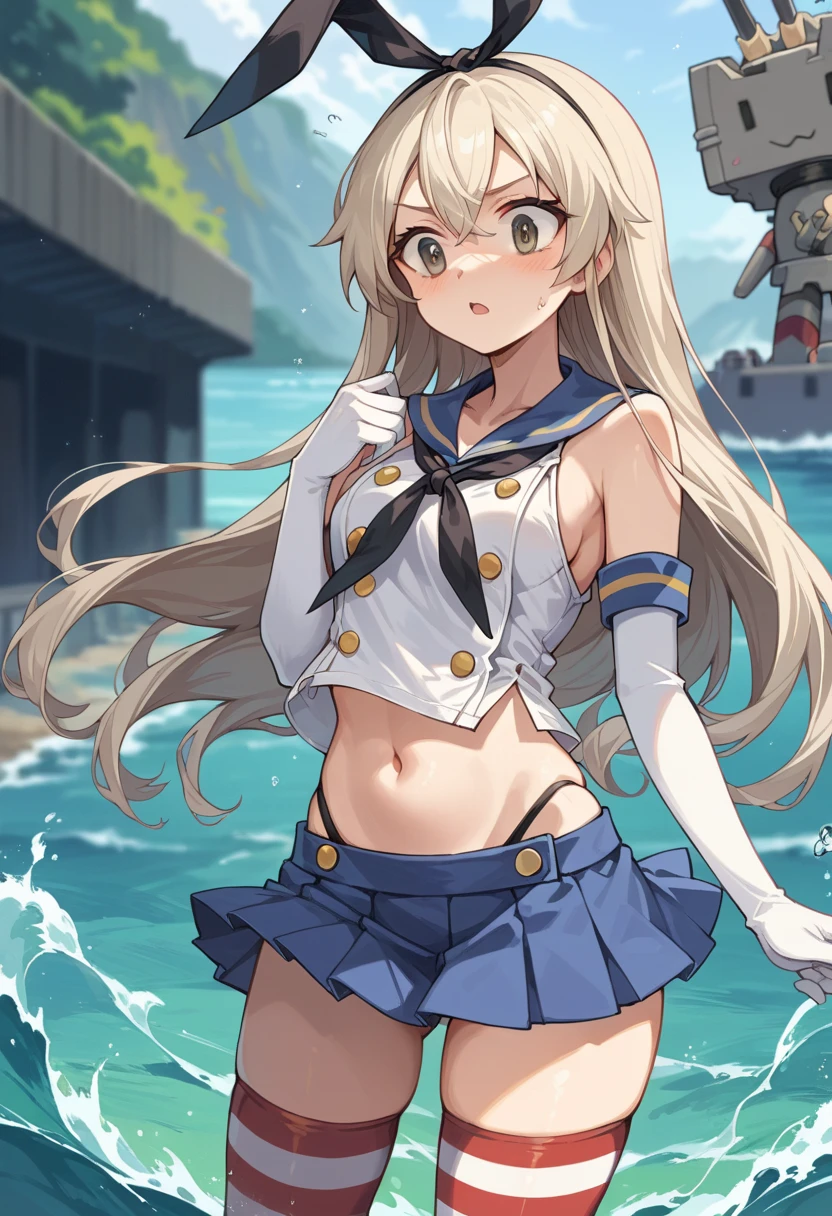 <lora:shimakaze_v1.33:1>, shimakaze, masterpiece, best quality, highly detailed,blonde hair, striped thighhighs, microskirt, elbow gloves, sailor collar, anchor hair ornament, highleg panties, black panties,sunlight,beach,blush