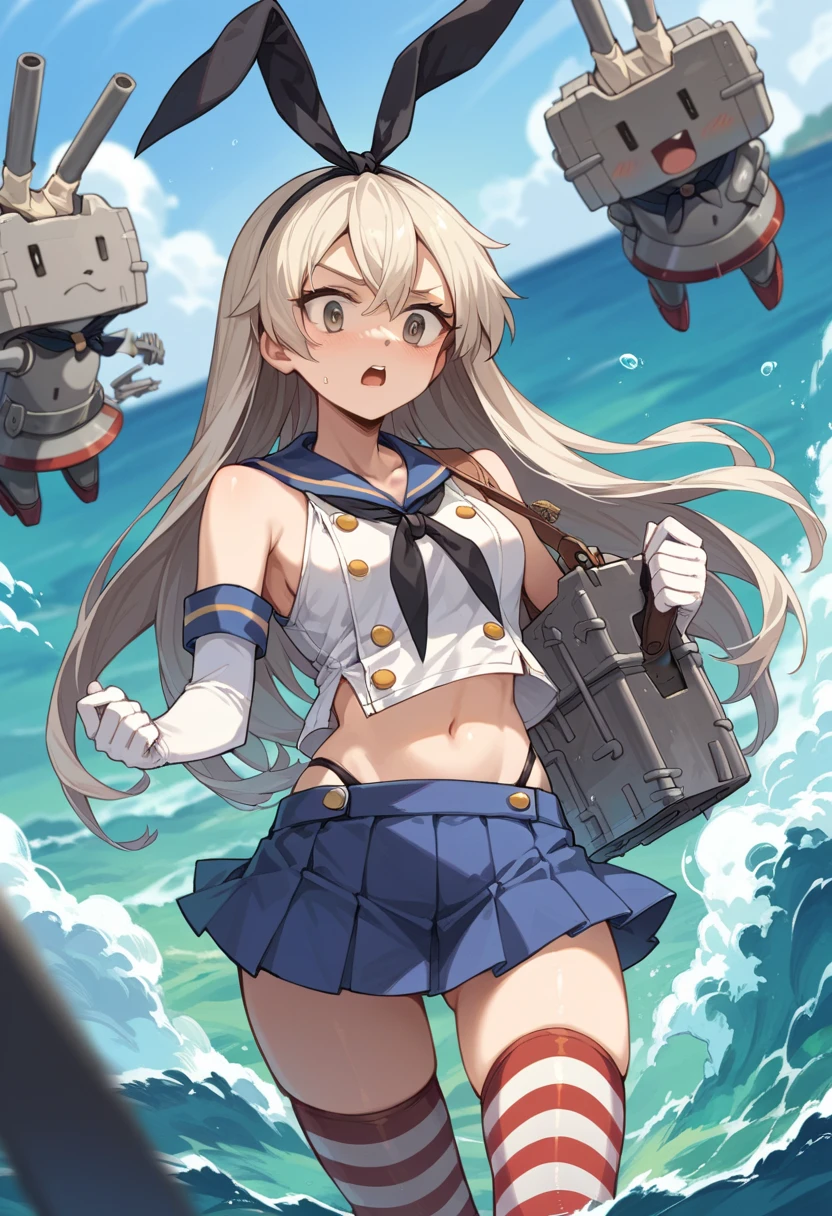 best quality, masterpiece, highres, solo, {u_511_kantaicollection:1.15}, long_hair, blue_eyes, blonde_hair, hat, garrison_cap, blush, military, 1girl, looking_at_viewer, sailor_collar, crop_top, school_swimsuit, swimsuit, swimsuit_under_clothes, one-piece_swimsuit, hair_ornament, flower, hair_flower, open_mouth, smile, tan, heart, school_uniform, tanlines, torpedo, white_background