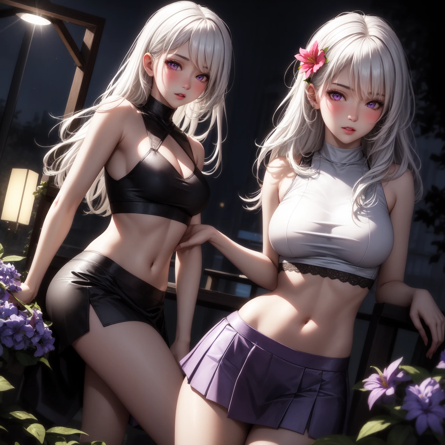 realistic, 3girl, white hair, purple eyes, glowing eyes, crop top, (mini skirt), parted lips, blush, night, flowers, sun, sunlight, (sexy), hot, erotic,