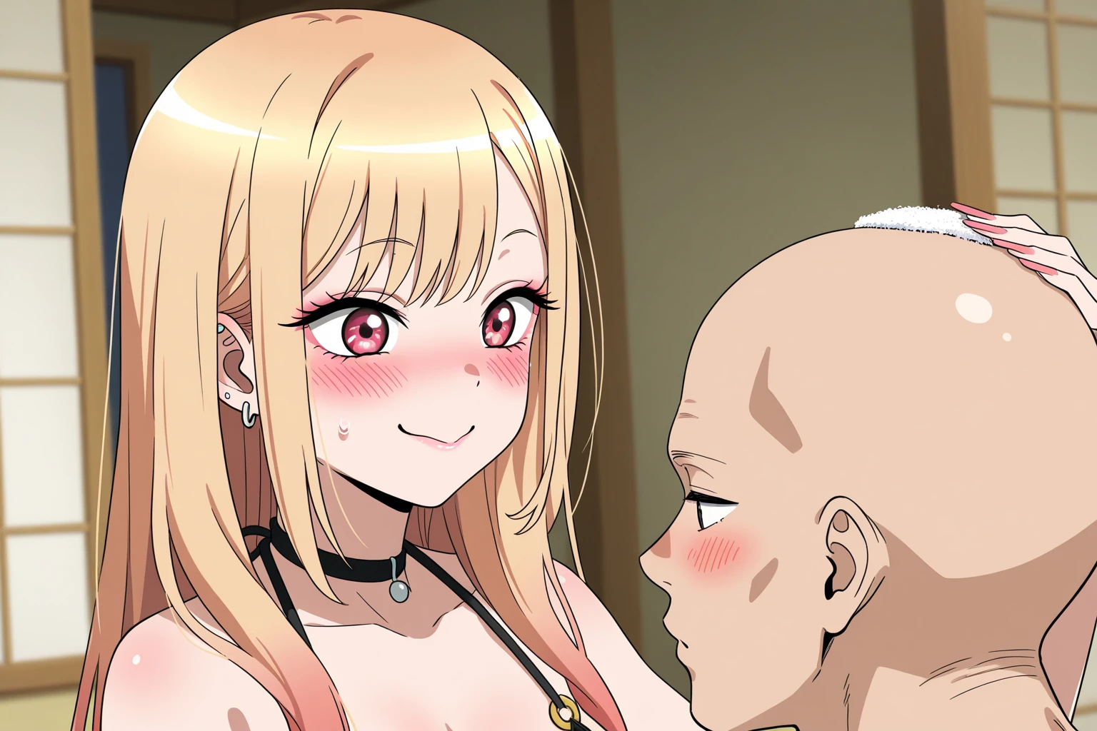 1girl, (solo), (NSFW), ((ultra detailed background, delicate pattern, intricate detail)), (best quality), (masterpiece), (highres), top quality, (detailed textures), (beautiful detailed eyes), (sharp focus), (ultra-detailed), (8k), BREAK povfellatio, 1boy, penis, fellatio, cum, ass, top-down bottom-up, penis, thick penis, perfect penis, girl, licking penis, (holding the penis with her hand), top view, close up, long hair, ear piercing, earrings, bangs, very long hair, eyelashes, multiple piercings, multiple piercings, blonde hair, gradient hair, swept bangs, red eyes, Set One, black choker, black choker, pendant choker, pink nails, fingernails, jewelry, (naked:1.4), BREAK (blush:1.3), (spoken hearts:1.2), steam, (deep breathe:1.2), sweat, BREAK indoors, bedroom, white bed, detailed interior, BREAK beautiful detailed glow, blushing, brilliantly lit, very detailed, areola slip, beautiful body line,(Beautiful, large_breasts:1.3), sexy breasts, shiny skin, cute, (Delicate figure and beautiful body curves:1.2), (looking back), high resolution, high detail, Correct limbs, Ultra High Resolution, 4K, Ultra Detail, photography, HDR, Background blur, (vibrant_color:1.2), (beautiful_face:1.5), (narrow_waist), wallpaper, (beautiful detailed eyes:1.6), (extremely detailed face:1.4), perfect lighting, (picture perfect)
