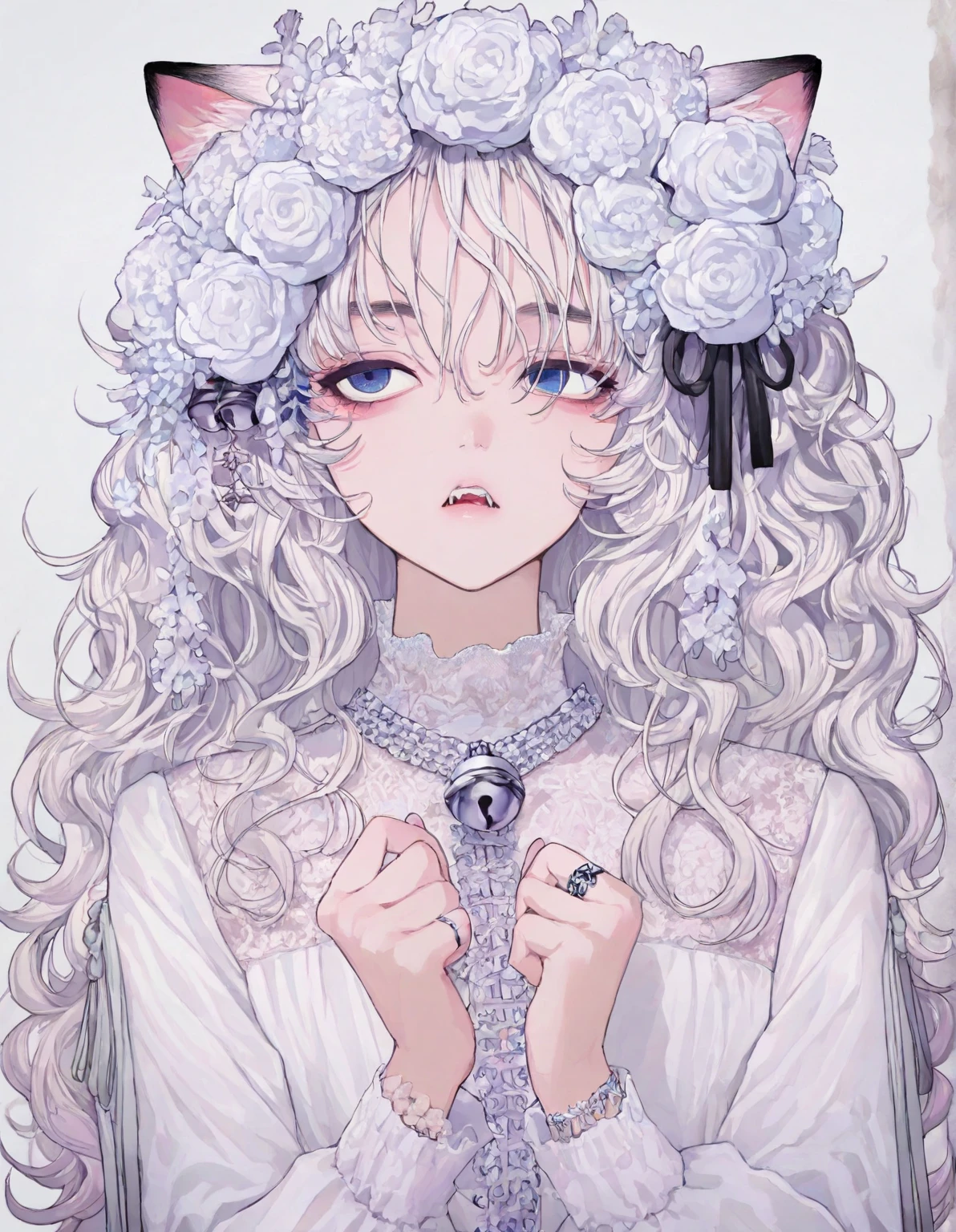 Wink,Long Wavy Hair,White hair is very attractive, Detailed and precise manual work, Attractive girl, White cat ears,Purple eyes and white eyelashes,light in your eyes,Big angel wings,Looking at the sweets, he is gazing at them with his mouth open in gusto,A delicate, flowing white dress with purple floral print, Hand-drawn illustration,Broad background,