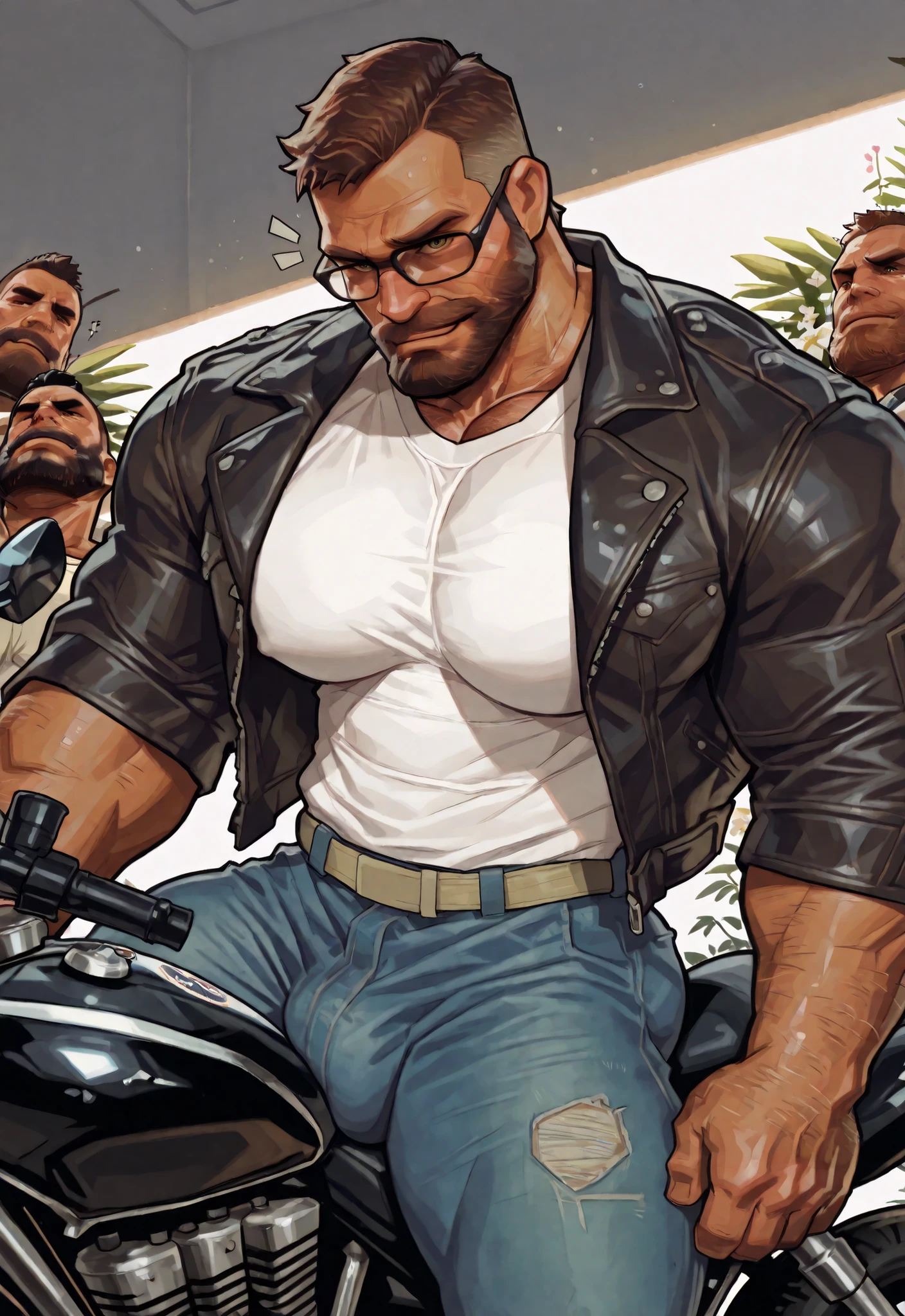 Masterpiece, best quality, male, huge ass, huge beefy muscular, gay men, handsome face, thick body, huge chest, big chest, shiny, daddy, mature , cartoon anime, perfect eyes, mature man, bara, perfect body, perfect anatomy, , perfect cock, , masculine, bearded, hairy, daddy, mature, big , big body, keep all details, thick bulge, perfect proportional, dramatic lighting, , gta vi filter, yellow light right side, subtle pink light left side, detailed shading, body hair, beefy thick body, big cock, king cock, line art drawing, thick black line drawing, black outline, , attitude, 3 guys, perfecf smile, confident, sitting on motorcycle, black glasses, blacjk leather jacket, jeans pants, body hair, suggestive, flower background
