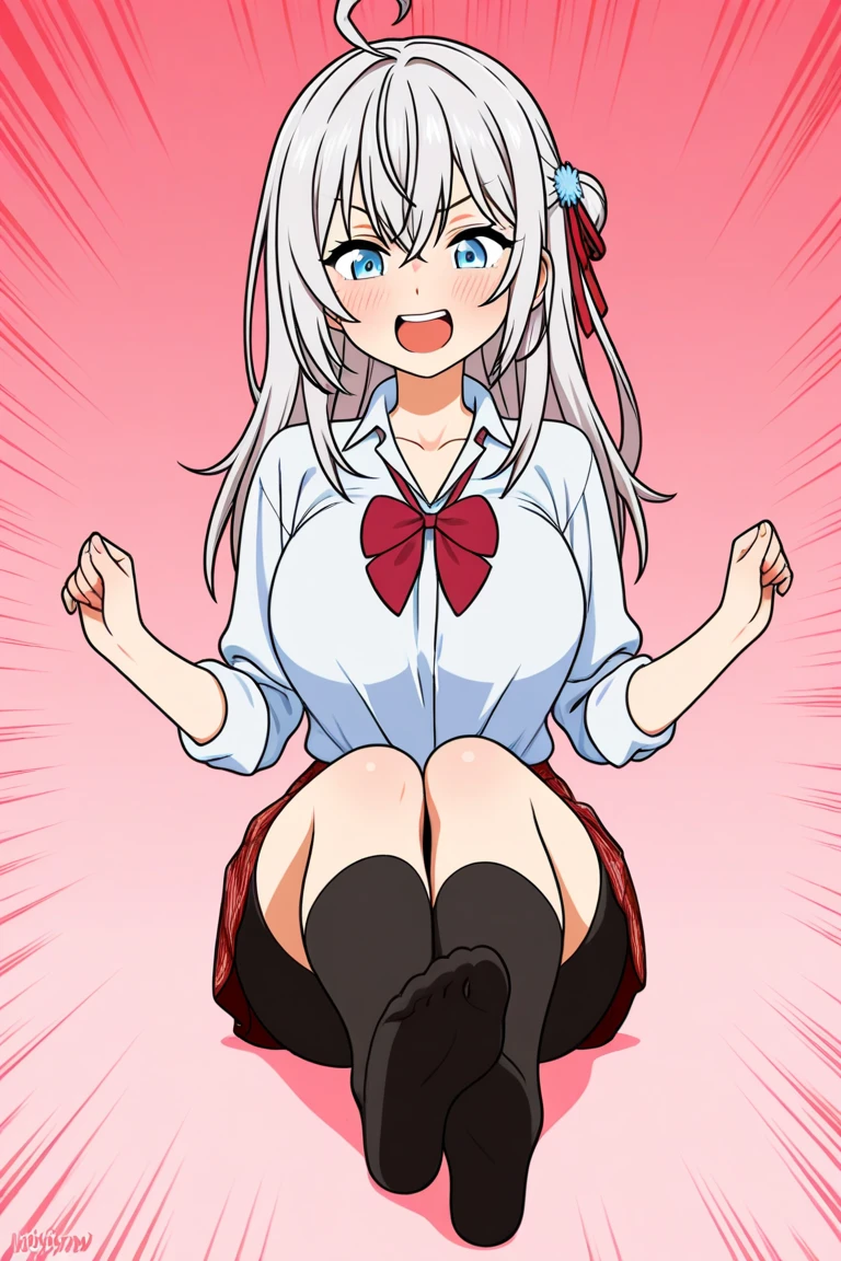 (anime style),masterpiece, best quality, extremely detailed,16Year old,tanned skin,dark skin, Beautiful tall body,baby face,Large breasts,BREAK,multicolored colorful White hair,flipped hair,for head,BREAK,black eyes,best smile,open mouth,detailed lips,BREAK,cotton black big ribbon,BREAK,oversized school sweater、tartan check Skirt,striped_panties,up skirt,spreading legs,childish pose,break,head tilt,school room,sitting desk