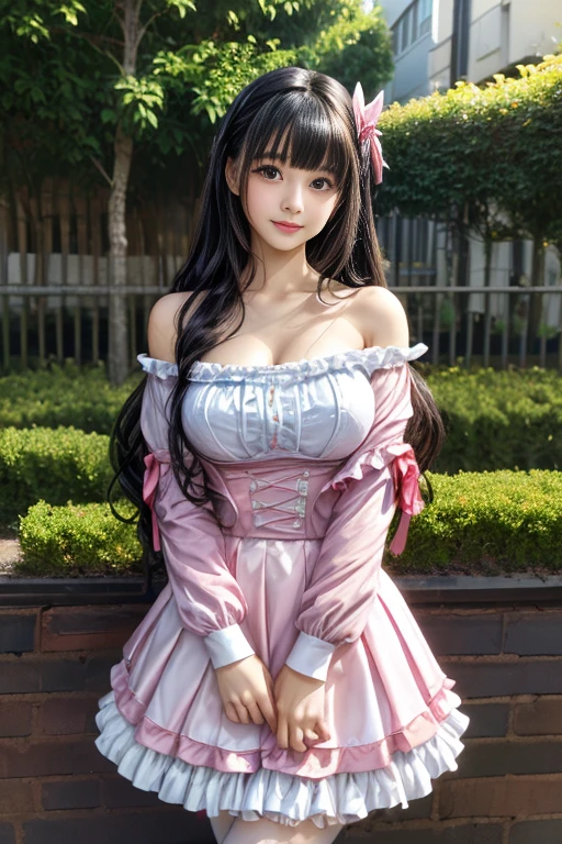 (8K, Highest quality, masterpiece:1.2),\(Eye details\),(\(Clothing Details\)\),Full Body Lesbian,(Huge boobs),(Face focus) ,Very detailed CG unity 8K wallpaper,Huge file sizes,Super detailed,High resolution,Absurd,Beautiful Eyes,Ray Tracing,Dramatic Shadows,Finely delineated,Dramatic angle,Hyper Detail,(1 Girl:1.3),(alone),,Mature Woman,long hair black,Green Eyes,wear(Cosplay_Magical girl,Very pretty pink dress with ruffles,Large ribbon bow tie bag),