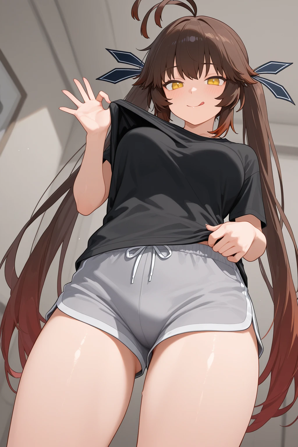 Anime girl with cat ears entering a room with a laptop, anime girl, inside a room, study desk, window with a tree, she is looking for something, t-shirt with a cat print, cat girl, oversized white t-shirt, panties, smiling, dark brown hair, bangs, long hair, side swept bangs, wavy hair, tousled hair, shiny hair, braided bangs, hairclip, aqua eyes, glowing eyes, pupils sparkling, cat ears, bright pupils, serious, glossy lips, big round breasts, defined and full body, slim legs, beautiful thighs, high detail, anime, cinematic lighting, image fill, wide shot, panorama, caustics, Wide-Angle, f/1.8, 85mm, Fujifilm, 8k, super detail, UHD, retina, masterpiece, accurate, anatomically correct, textured skin, highres, best quality