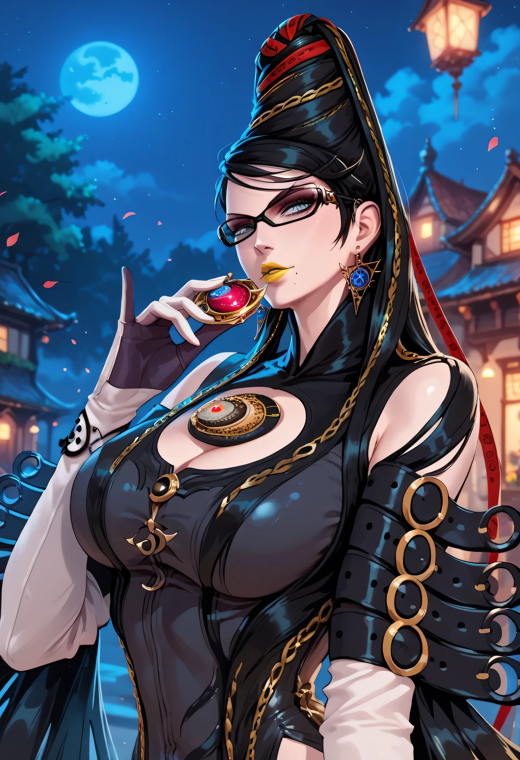 woman, big breasts, yellow lipstick, anime style, blue eyes, black hair, white skin, night, Bayonetta