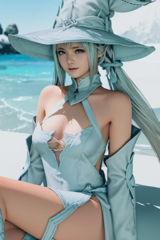 upper body, close to viewer, a beautiful gorgeous girl, under sea, sitting on rock, (final detailed facial), water, Skadi, arknights, bare legs, ties, singing, singer, medium breasts, hat ,red clothes, fishes surrounded, sliver long hair,