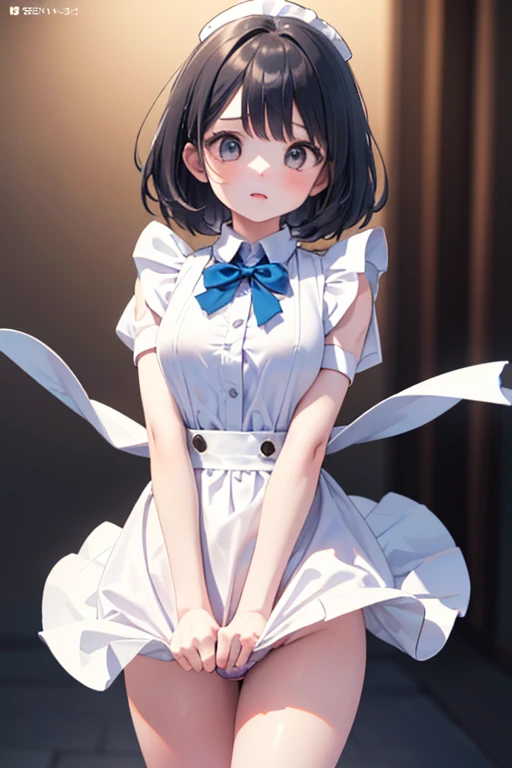 A very small girl is wearing a dress and showing her nipples Her skirt is pulled up and no panties are visible.