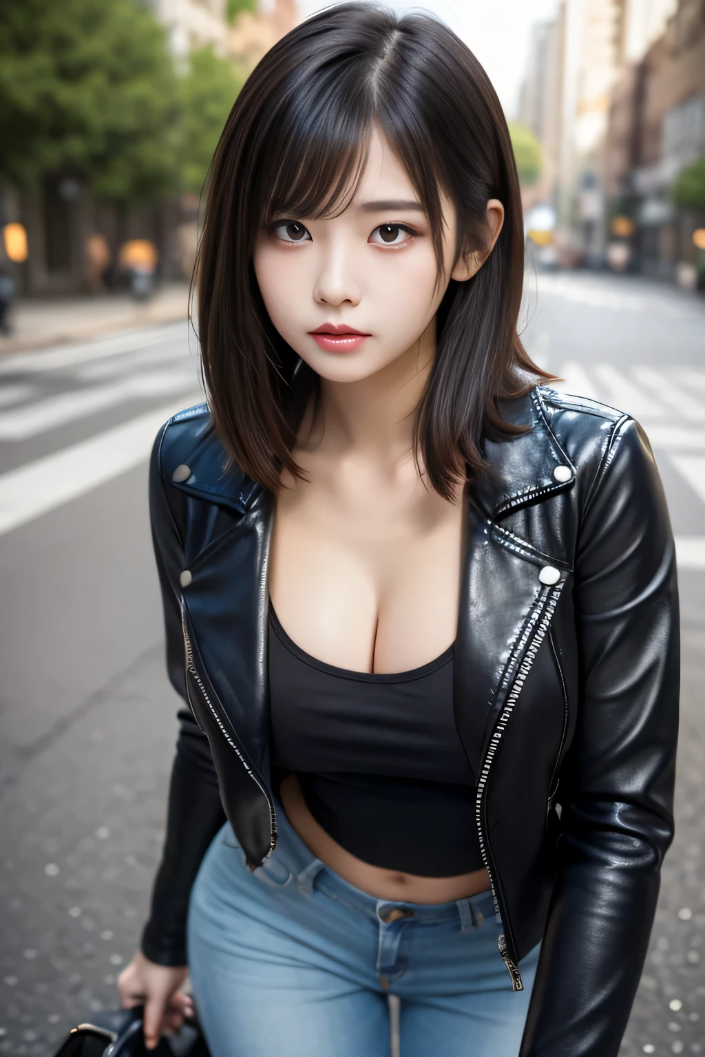 (1 female:1.7)、Light Brown Fringe Hair、Braided hair、disheveled hair、Light brown eyes、(Provocative facial expressions)、(rounded bursting chest:1.4)、(Emphasize the valley:1.5)、fittingroom、Photorealsitic、(Shadow:1.1)、(intricate detailes:1.2)、(masutepiece、:1.3)、(top-quality:1.4)、(超A high resolution:1.2)、超A high resolution、(A detailed eye)、(detailed facial features)、((Black leather jacket、Fitted White Brazilian Bikini):1.1)、 (underboob:1.4)、nighttime scene、Blurred light of night view of big city、Skyscrapers、From between the buildings、(Above the chest:1.2)、(from the front side:1.2)