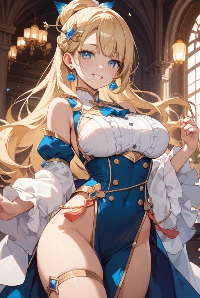 Bradamante, Bradamante, Blonde hair, Blue eyes, braid, french braids, Long hair, Twin-tailed, two side up, break covered navel, elbow groves, gloves, Leotard, Thigh strap, BREAK looking at viewer, Break indoors, BREAK (masutepiece:1.2), Best Quality, High resolution, Unity 8k壁纸, (Illustration:0.8), (Beautiful detailed eyes:1.6), extra detailed face, Perfect Lighting, extremely details CG, (Perfect hands, Perfect Anatomy),