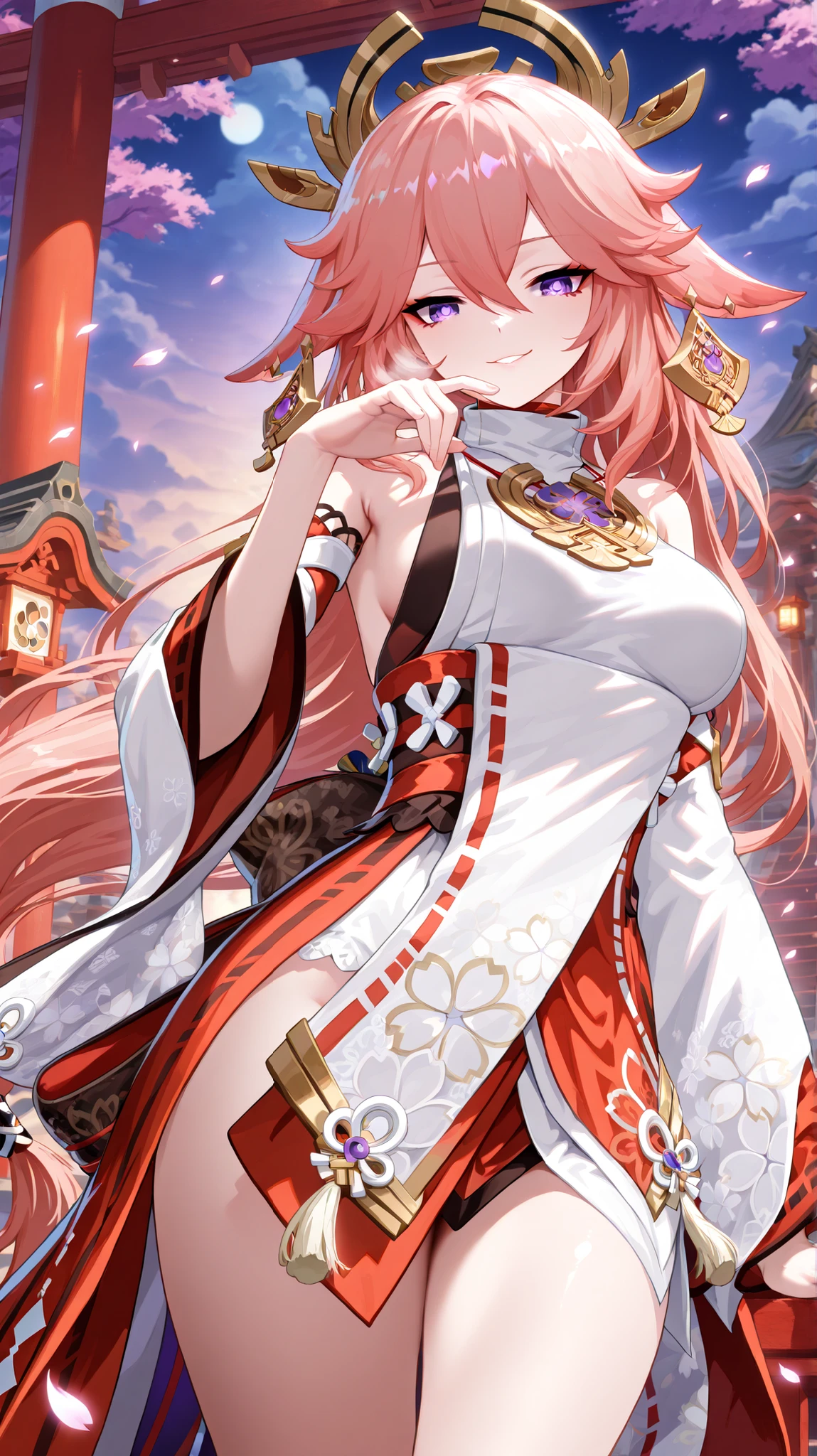 1girl, Yae Miko \(Genshin Impact\), standing gracefully in front of a sacred shrine during twilight, one hand resting elegantly on her hip, head tilted slightly with a confident, playful smirk, soft sakura petals drifting in the breeze, her long pink hair, shrine maiden outfit flowing gently, soft magical aura around her, golden ambient light highlighting her silhouette, big expressive eyes, beautiful crafted face, detailed shrine backdrop with lanterns glowing faintly, mystical atmosphere, 3/4 body, adorable proportions, soft anime style, gentle facial features, dreamy shading, masterpiece, high quality, very aesthetic, ultra detailed, 4k
