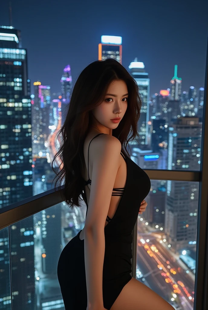 Spider-Woman is depicted in a striking, dynamic pose atop a towering skyscraper, her body arched gracefully as she clings to the edge of the building. She is dressed in a sleek, form-fitting suit that hugs her athletic, muscular figure, the material shimmering slightly in the light of the city. The suit is a deep, rich red with black web-like patterns intricately woven across it, reflecting the iconic spider motif on her chest. Her long, black hair flows freely in the wind, adding a sense of movement and power to her appearance.Her eyes are covered by a white, stylized mask with sharp angles, giving her an intense, focused expression as she surveys the city below. Her gloved hands are poised and ready, fingers slightly spread, revealing the web-shooters embedded in her wrists. The muscle definition in her arms and legs is clearly visible, emphasizing her strength and agility.The background is a breathtaking view of the city at night. The skyscraper she's perched on is surrounded by other towering buildings, their windows aglow with the lights of the bustling metropolis. The city below is alive with energy, the streets filled with the headlights of cars, and the neon signs illuminating the urban landscape. The skyline is dotted with both modern and classic architecture, creating a sense of depth and scale. Far below, the city seems almost dreamlike, with the lights forming a sea of glittering stars on the ground.Above, the night sky is a deep indigo, speckled with faint stars barely visible due to the bright city lights. Clouds drift lazily across the sky, their edges glowing faintly with the reflected city lights, adding a touch of ethereal beauty to the scene. A full moon hangs high in the sky, casting a soft, silvery light over everything, creating subtle highlights on Spider-Woman’s suit and the metallic surfaces of the buildings around her.The wind is depicted as a gentle breeze, tugging at Spider-Woman’s hair and suit, adding a sense of realism and motion.