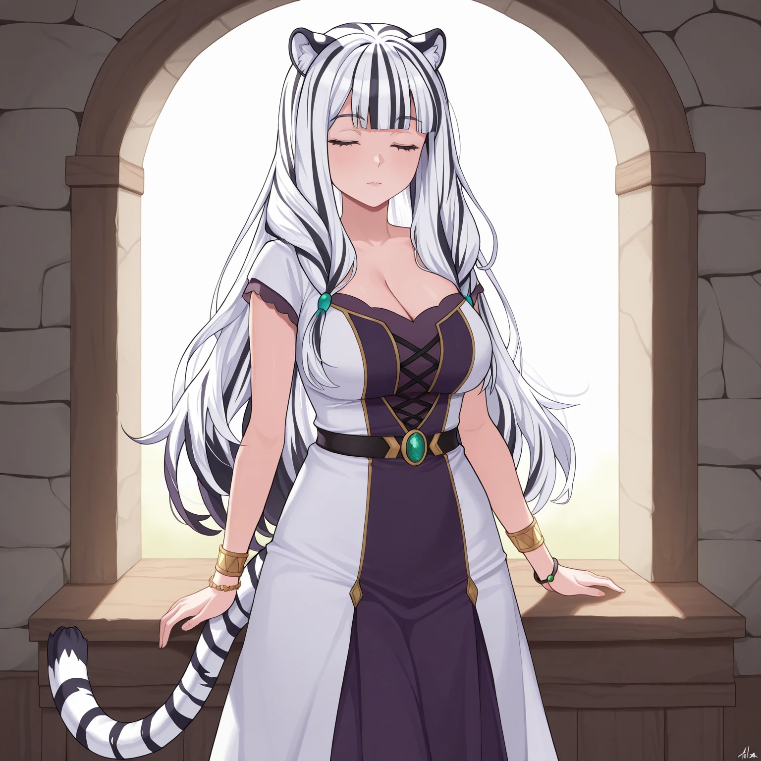 masterpiece, best quality, highly detailed, Atla Fayon, big breasts, holding breasts, heavy breasts, full body art.  1girl, solo, long hair, tiger ears, [:tiger tail under:0.2], white hair, two-tone hair, low twin braids, twin braids, hair ornament, bracelet.