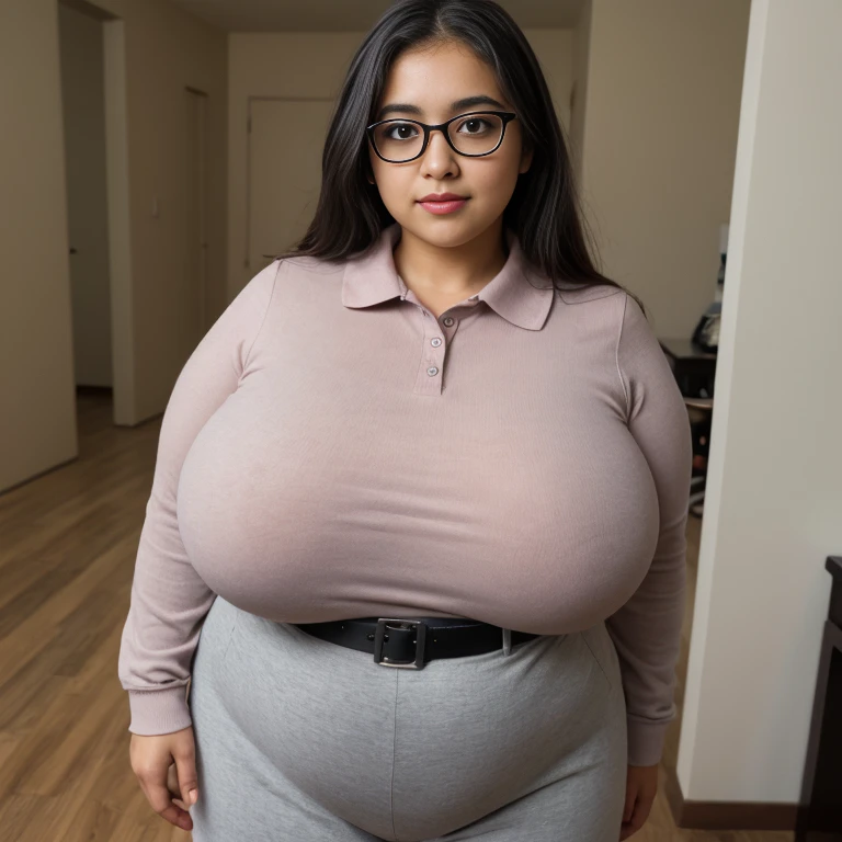 A young fat virgin with beautiful curves, big ass bulging belly big vulva,shy woman wearing a gray sweatshirt and tight gray pants marking her vagina, Extremely sweet and shy, very needy, he has erotic dreams but very embarrassed with black hair and bangs waiting at the bus stop 