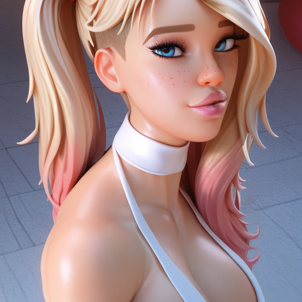 (masterpiece), best quality, expressive eyes, perfect face, view from above, pole dance, 1 girl, planturous woman, perfect caramel skin, white hair , braided, large hips, peachy ass, string, slutty girl, lipstick, fishnet costume, condom belt,