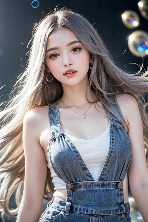(highest quality, 32k, High resolution, Masterpiece:1.5, ), marimo_jet, Concept Art, Arousing pleasant enjoyment and curiosity, Expressing emotions, Have a rich imagination, Beautiful Japanese Women, An exceptionally beautiful face, Small Face Beauty, Perfect Human Anatomy, Magical big eyes, Motherhood and generosity, Deep Love, fleeting smile:1.1, Shiny black hair, Super Long Straight Silk Hair, Asymmetrical bangs, Hair between the eyes, Transparent, soft white skin, Sharp eyebrows, Thin lashes, ((Natural Makeup:1.1)), Cheek highlighter, Pale pink detailed lips, ((Grey tank top:1.3)), High resolution perfect collarbone, High resolution beautiful bust, Slim figure with ample breasts, High resolutionの美しい太もも, ((Beautiful sparkling starry sky background:1.2)), Professional Lighting, Professional photographer, Professional models, mysterious
