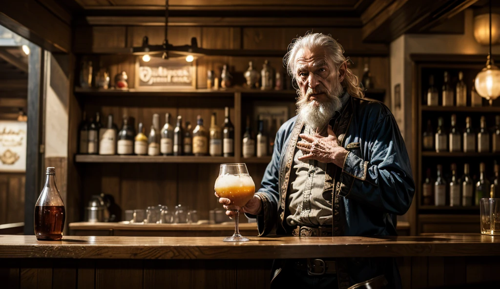 A work of art, very detailed, high definition, maximum quality. Genre Fantasy, RPG, Character for game. An old man who owns a rustic medieval bar, wearing clothes characteristic of a waiter from the medieval period. He is looking at the camera. On top of the counter are several drinks and glasses full of beer.