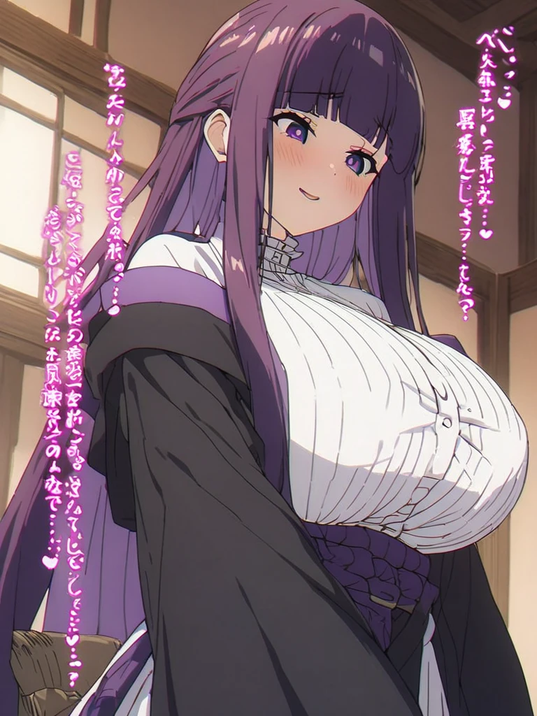 NSFW,masterpiece,Highest quality,High resolution,Super detailed,Fern\(Funeral of Frieren\),Purple eyes,Purple Hair,Long Hair,Big Breasts,White Dress,Robe,blush,Adventurer's Guild,counter