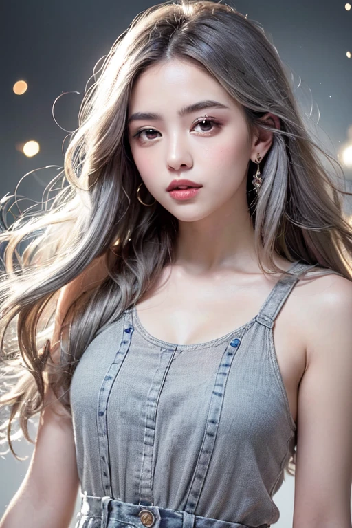 An 18-year-old beauty in cool clothes fell from the air，tmasterpiece， best qualtiy， 35mm， 8K， absurderes， beuaty girl， （The upper part of the body， light grey background：1.4）， （light grey classical dress， light grey hair：1.6）， Slender， Dark Studio， edge lit， Ultra photo realsisim， A high resolution， photography of， filmgrain， color difference， depth of fields， Sharp focus， hdr， face illuminated， 动态照明， cinmatic lighting， Professional shadows， dark shadow， highest details， extremy detailed， Hyper-detailing， finely detailled，real looking skin，exquisitefacialfeatures，detailed faces and eyes，Sharp pupils，realistic pupil，Zhuangtian